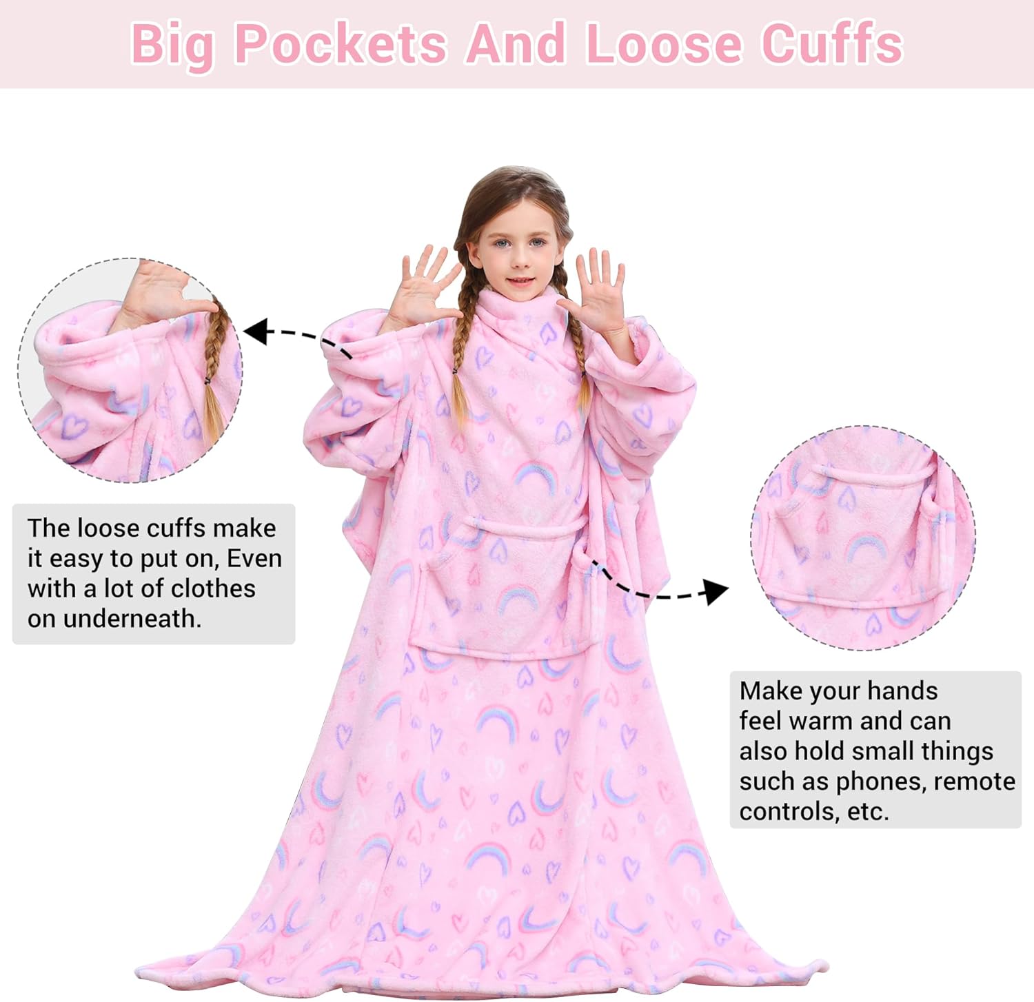 Pink Rainbow Kids Wearable Fleece Blanket with Sleeves & Foot Pocket