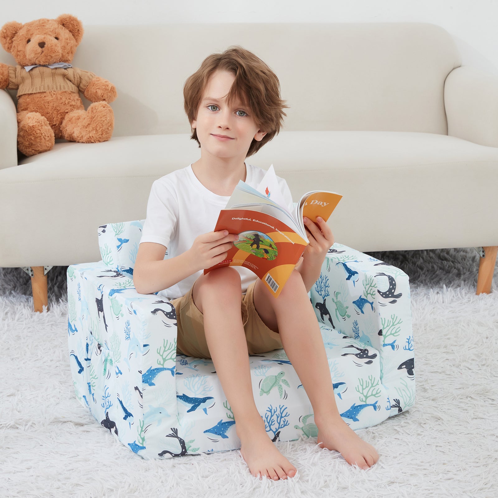 White Bottom Excavator 2-in-1 Soft Toddler Couch Fold Out