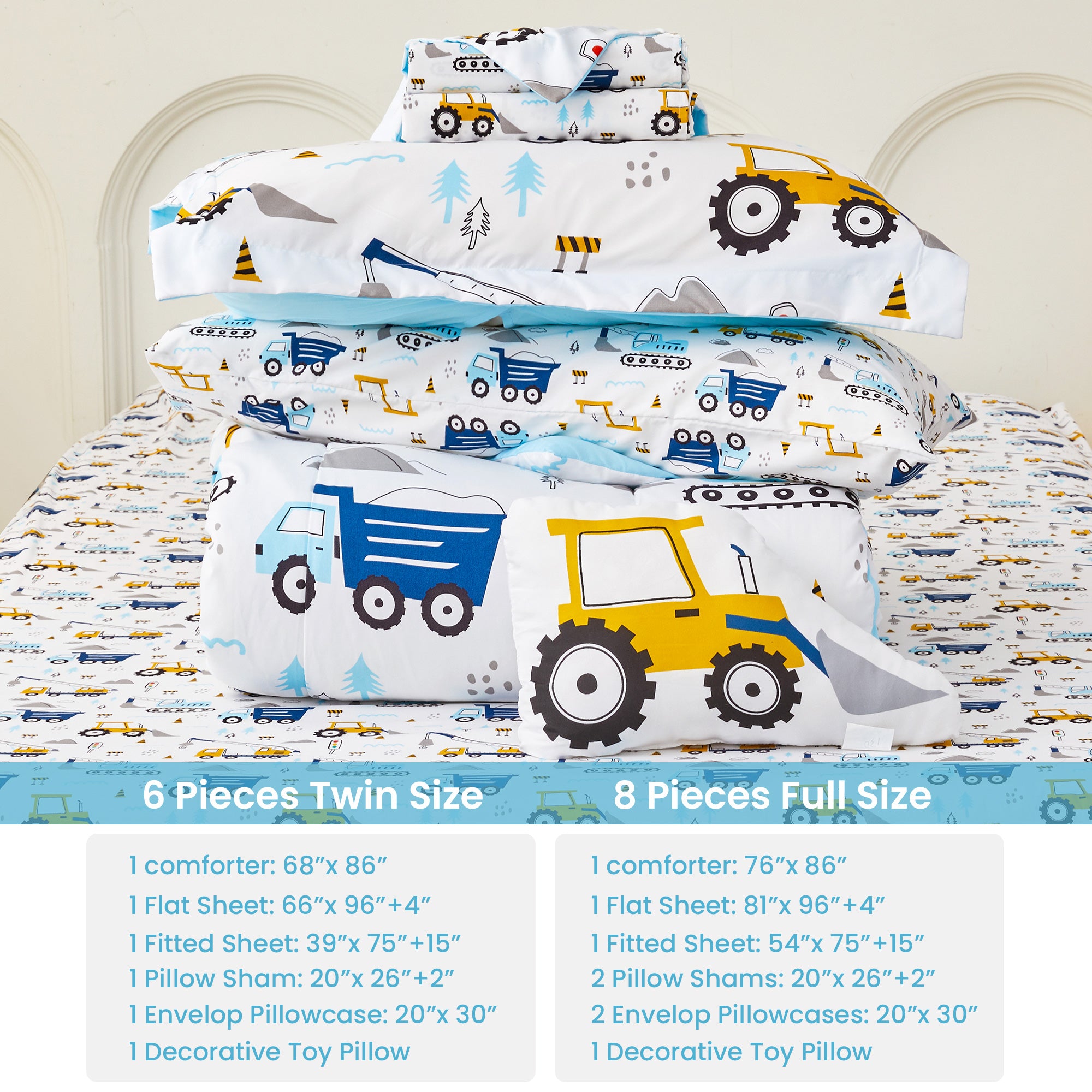 Construction Truck Bedding Set for Kids– 6 or 8 Piece Options
