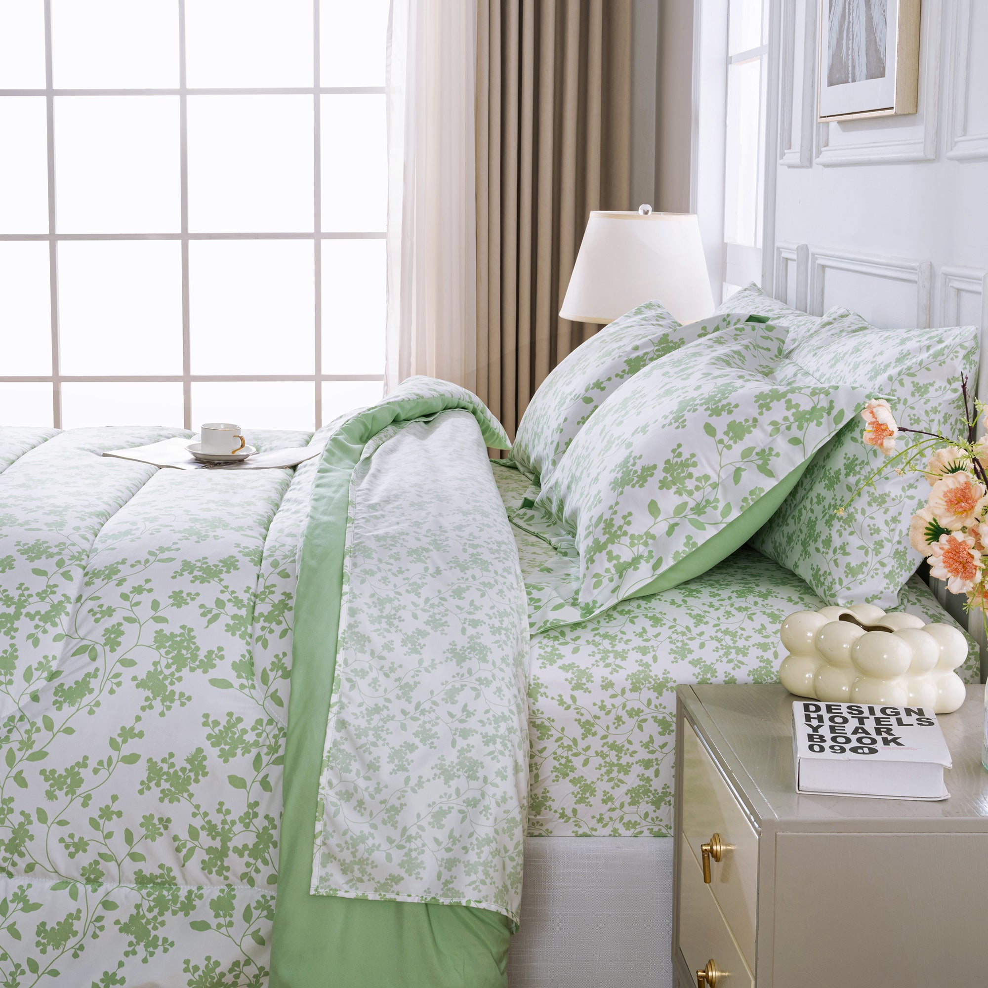 Pastel Green Floral Retreat Comforter Set 7 Pieces