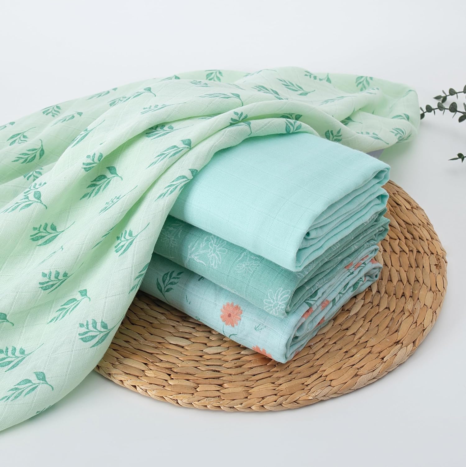 Muslin Swaddle Blankets, Breathable and Skin-Friendly Baby Receiving Blankets, 4-Pack Plants, 47 x 47 inches