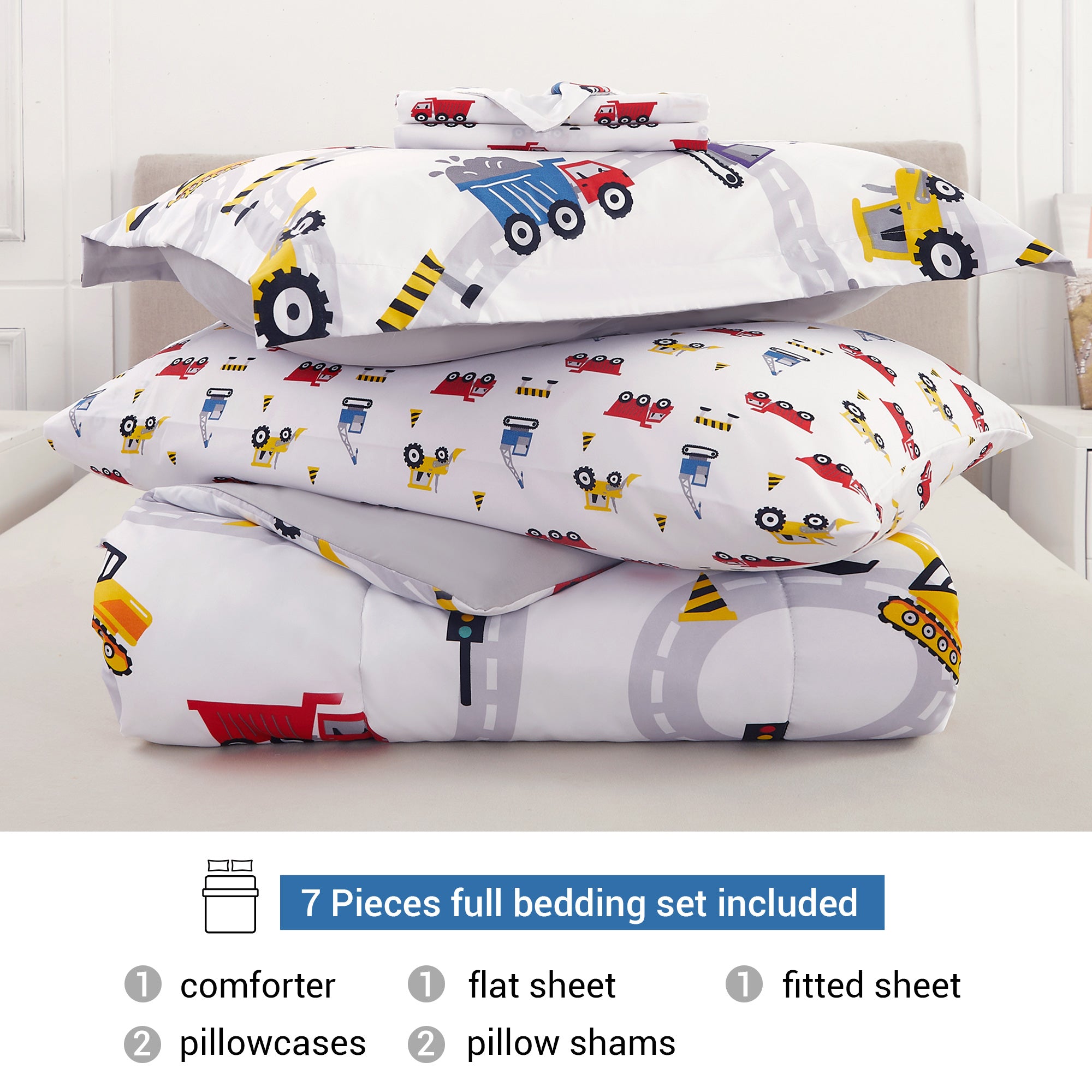 Playful Construction Vehicles bedding Set– 5 or 7 Piece Options