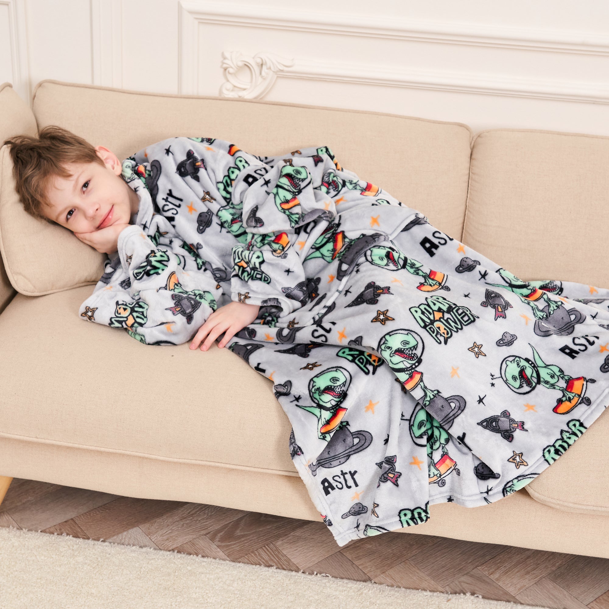 Dinosaur Wearable Fleece Blanket with Sleeves & Foot Pocket for Kids
