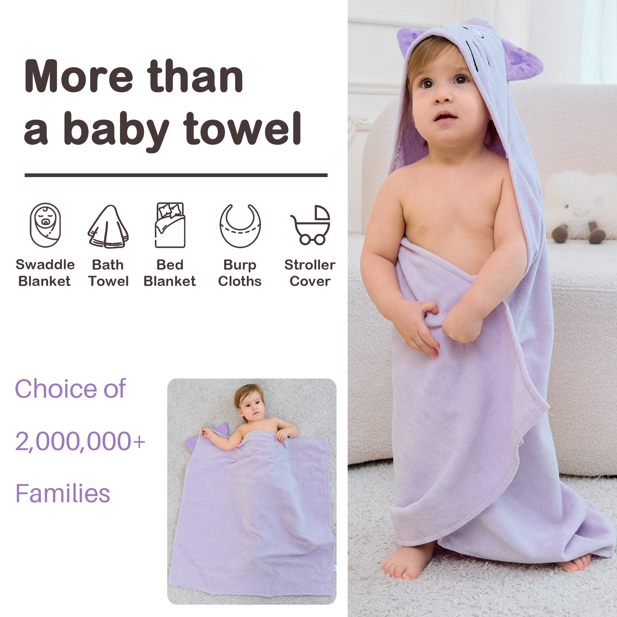 (Dinosaur & Cat) 2 Pack Cotton Hooded Baby Towels, Extra Thick and Absorbent, 32" * 32"