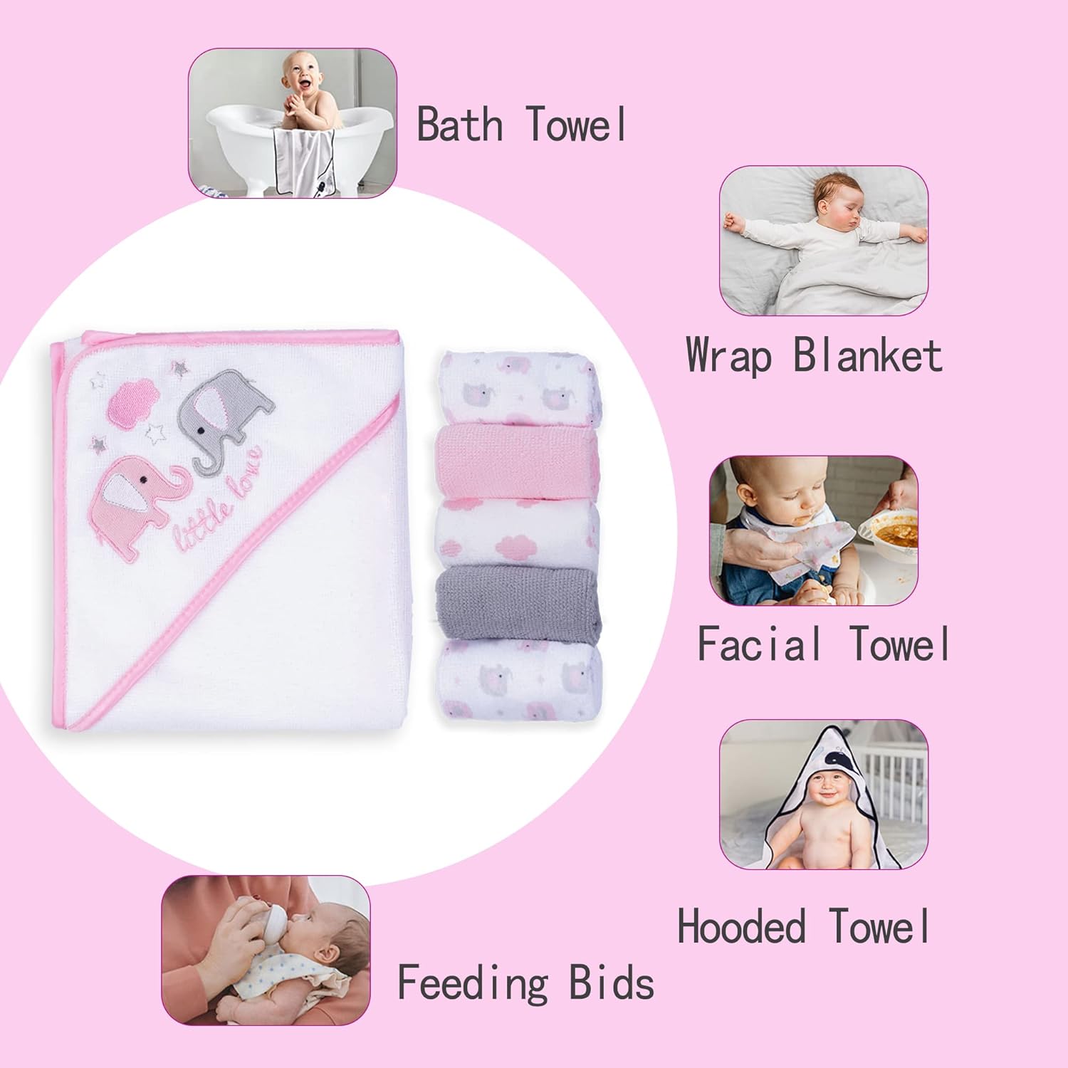 Pink Elephant Baby Hooded Towel and Washcloth Set 6-Pack Size 30 x 26 Inch