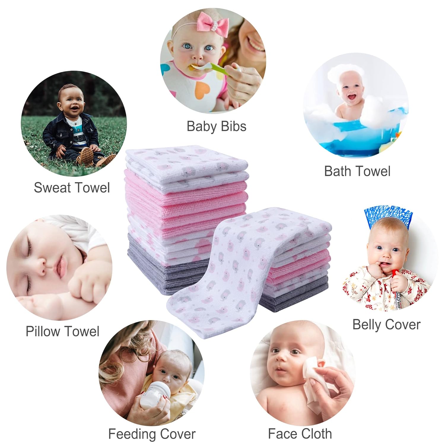 9x9 Pink Elephant Baby Washcloths