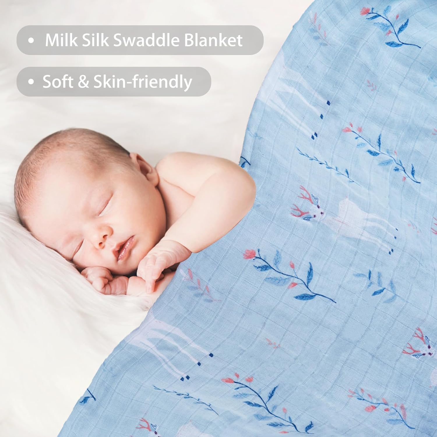Muslin Swaddle Blankets, Swaddle Wrap for Boys and Girls, Breathable and Skin-Friendly Baby Receiving Blankets, Baby Essentials, 4-Pack Blue Elephant, 47 x 47 inches