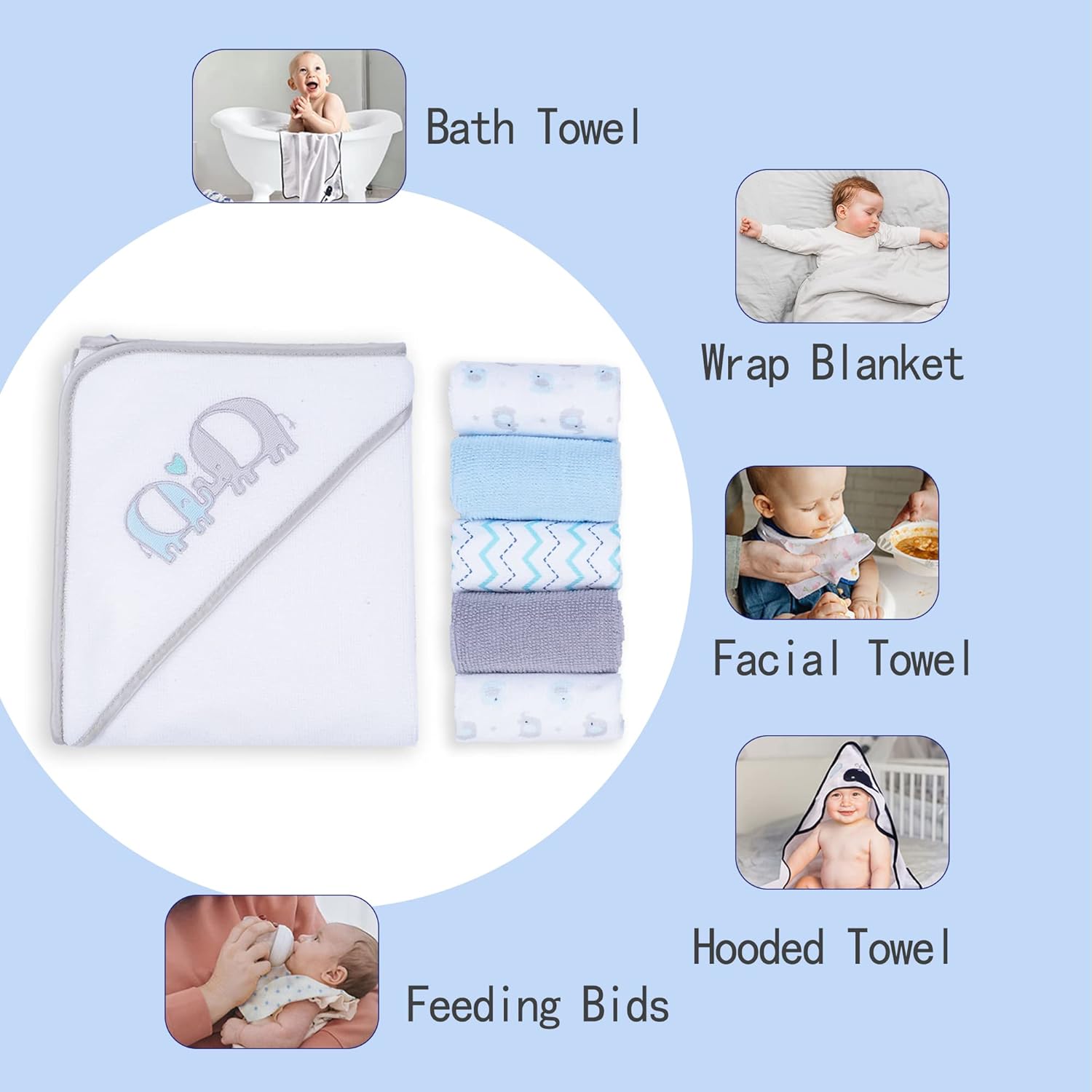 Grey Elephant Baby Hooded Towel and Washcloth Set 6-Pack Size 30 x 26 Inch