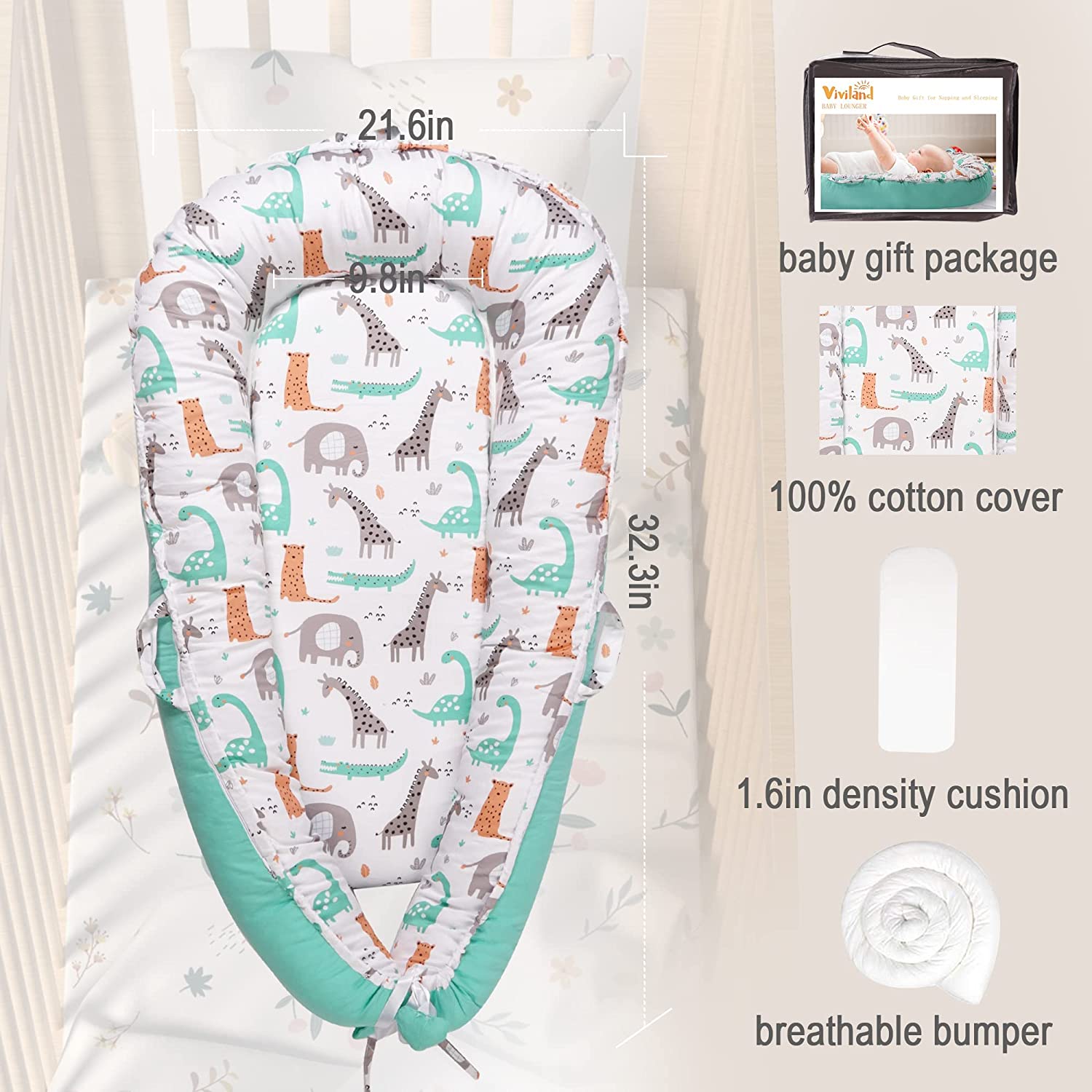 Dinosaur Baby Lounger - Baby Nest Co Sleeper for Baby Bed, Soft & Breathable Portable Cotton Newborn Lounger Nest for Crib Bassinet