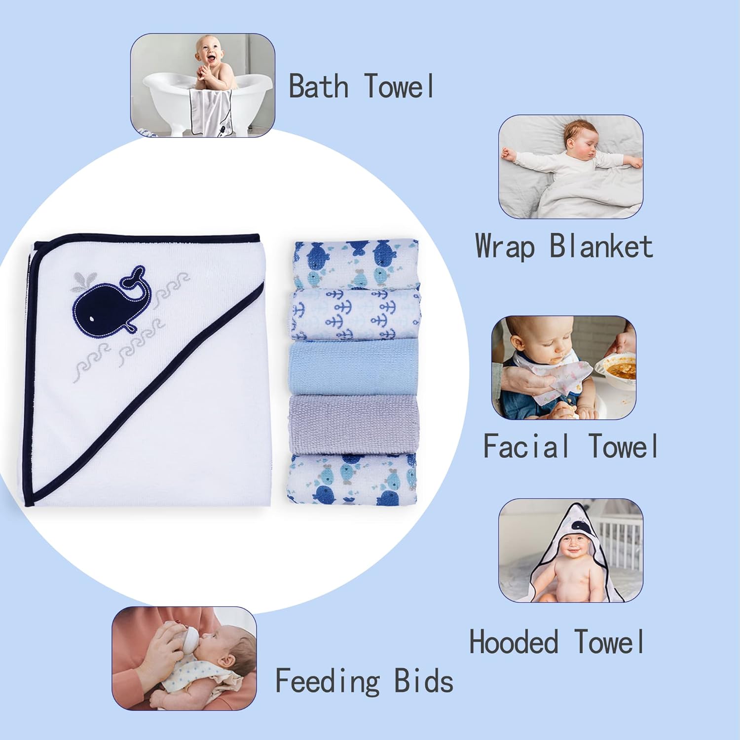 Whale Baby Hooded Towel and Washcloth Set 6-Pack Size 30 x 26 Inch