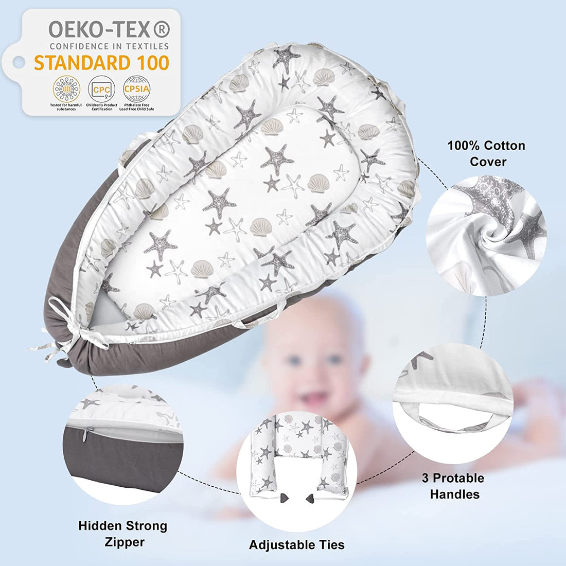 Grey Cotton Baby Lounger, Breathable Portable Newborn Nest