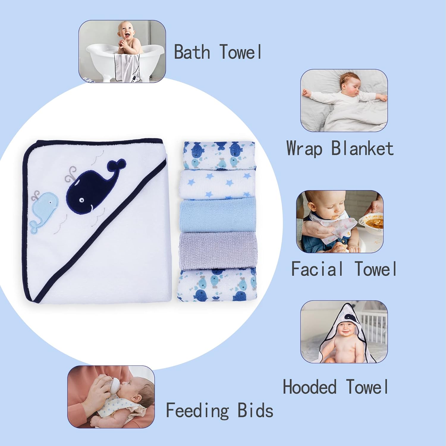 Whale Bro Baby Hooded Towel and Washcloth Set 6-Pack Size 30 x 26 Inch