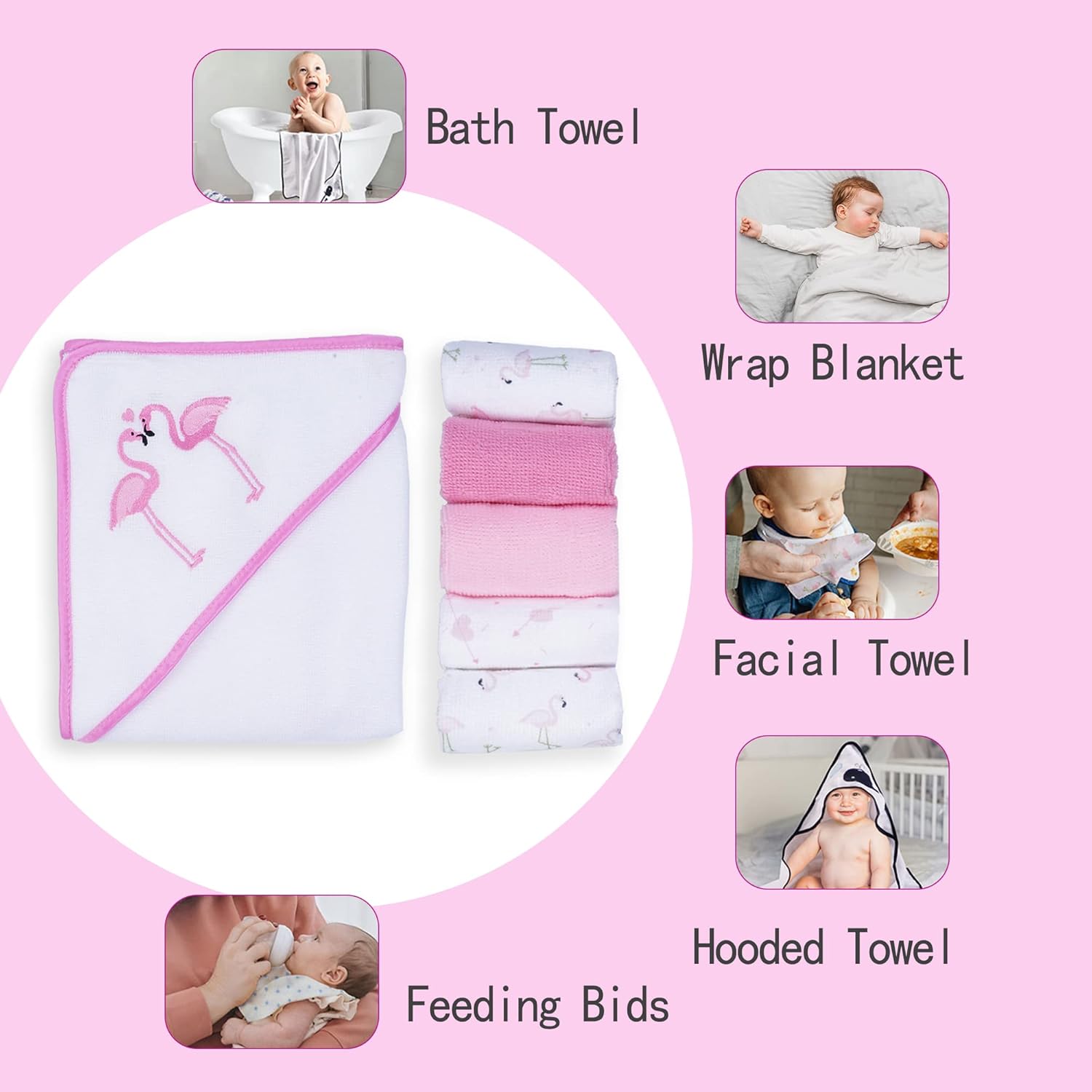 Flamingo Baby Hooded Towel and Washcloth Set 6-Pack Size 30 x 26 Inch