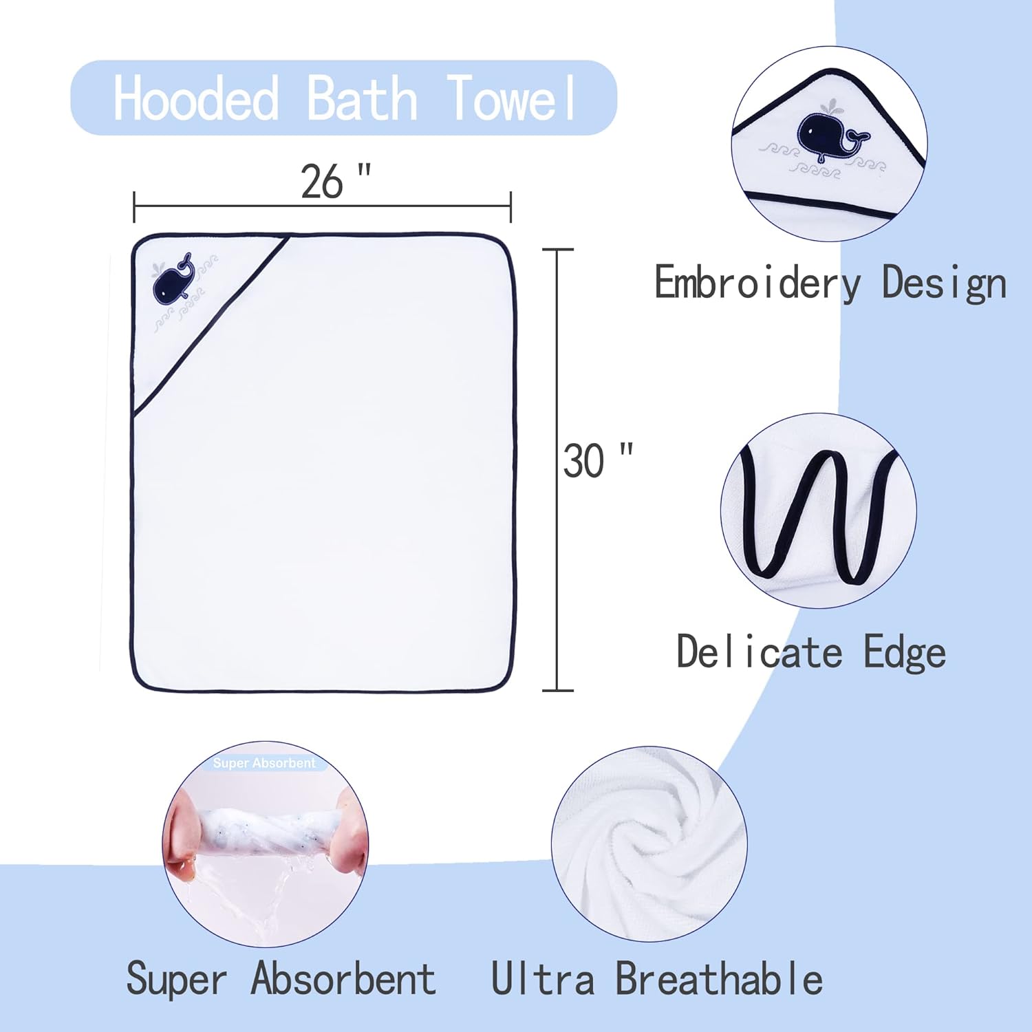 Whale Baby Hooded Towel and Washcloth Set 6-Pack Size 30 x 26 Inch