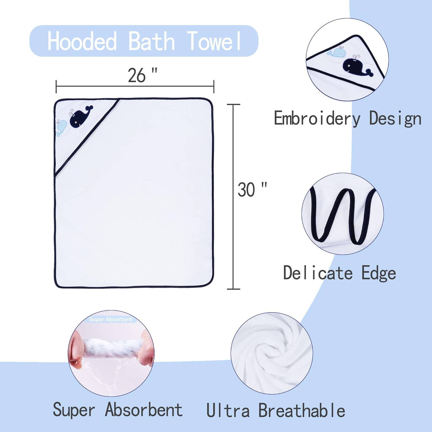 Whale Bro Baby Hooded Towel and Washcloth Set 6-Pack Size 30 x 26 Inch