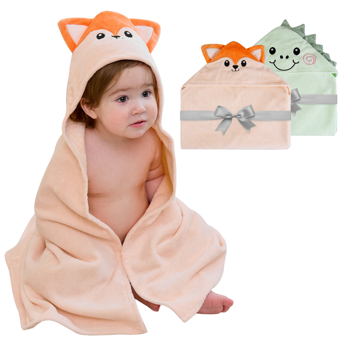 (Dinosaur & Fox) 2 Pack Cotton Hooded Baby Towels, Extra Thick and Absorbent, 32" * 32"