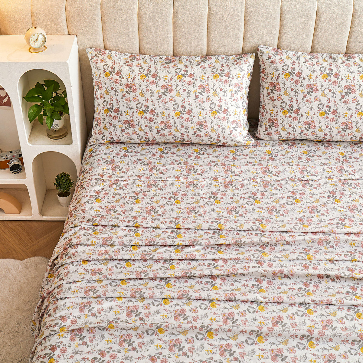 Pink Yellow Ditsy Floral Bed Sheet Set Deep Pocket Double Brushed Microfiber