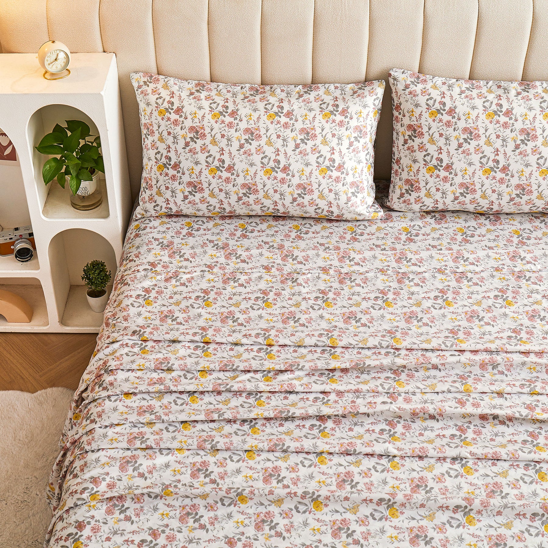 Pink Yellow Ditsy Floral Bed Sheet Set Deep Pocket Double Brushed Microfiber