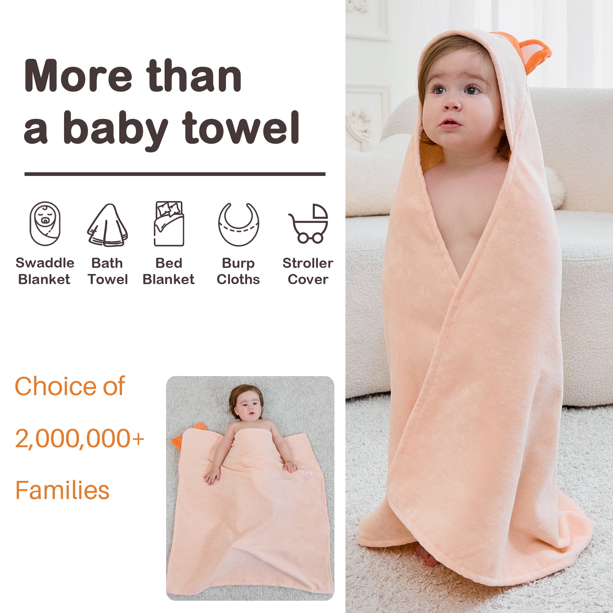 (Dinosaur & Fox) 2 Pack Cotton Hooded Baby Towels, Extra Thick and Absorbent, 32" * 32"