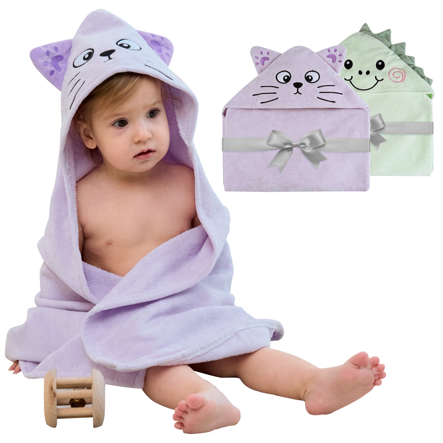 (Dinosaur & Cat) 2 Pack Cotton Hooded Baby Towels, Extra Thick and Absorbent, 32" * 32"