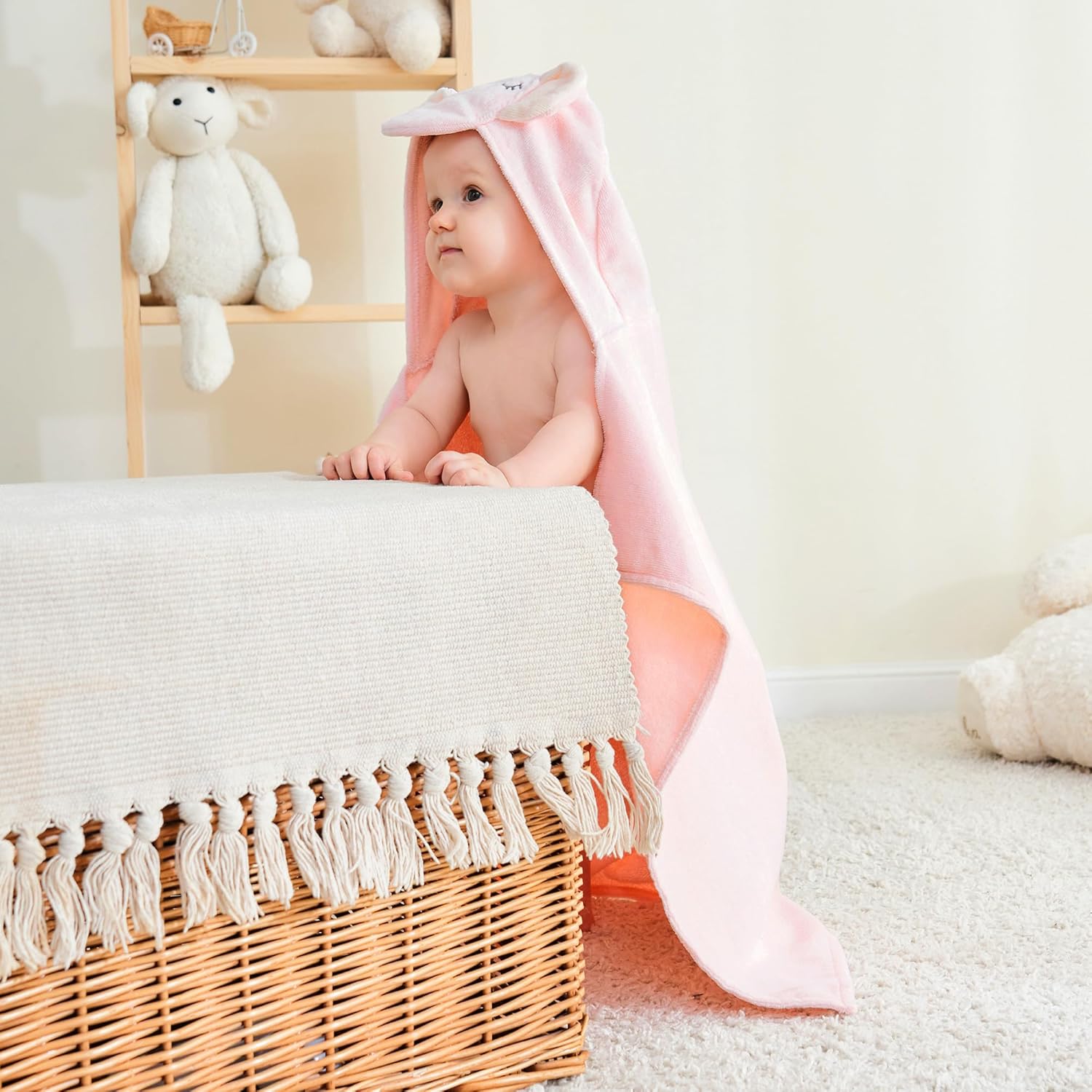 2 Pack Baby Hooded Towels, Premium Soft Cotton Baby Bath Towels with Hood, Extra Thick and Super Absorbent, Essential for Newborns, Infants and Toddlers (Pink Elephant & White Unicorn)