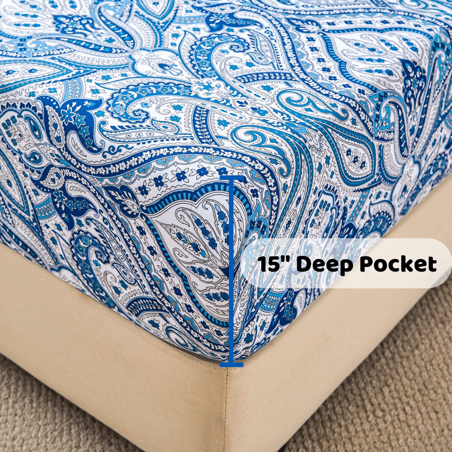 Blue Paisley Elegance Pattern  Bed Sheet Set with Non-slip Straps
