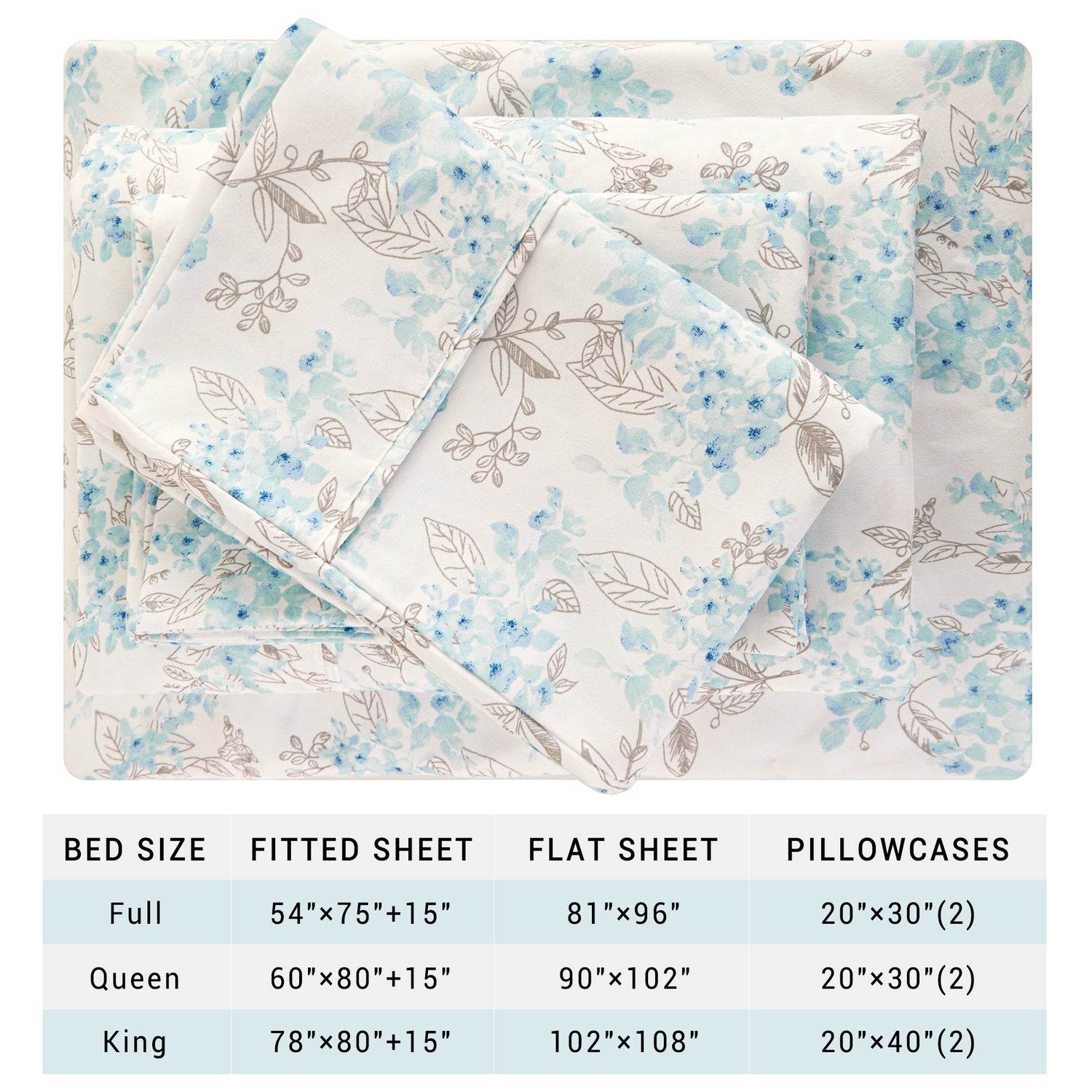 4 Pieces Light Blue Flower Bed Sheet Set