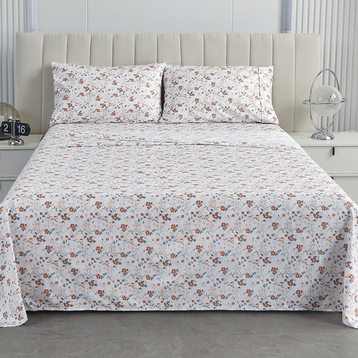 Warm Rust Blossom Bed Sheet Set Deep Pocket Double Brushed Microfiber