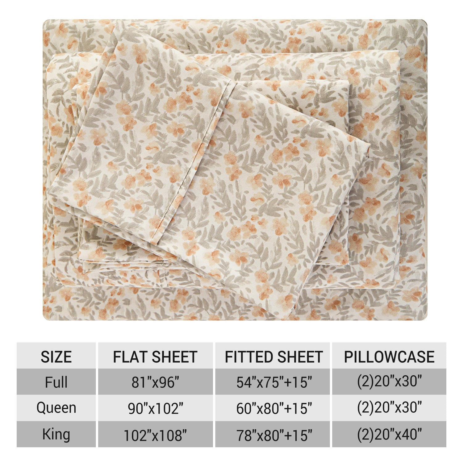 4 Piece Vintage Light Orange Flower Patterned Bed Sheets Set