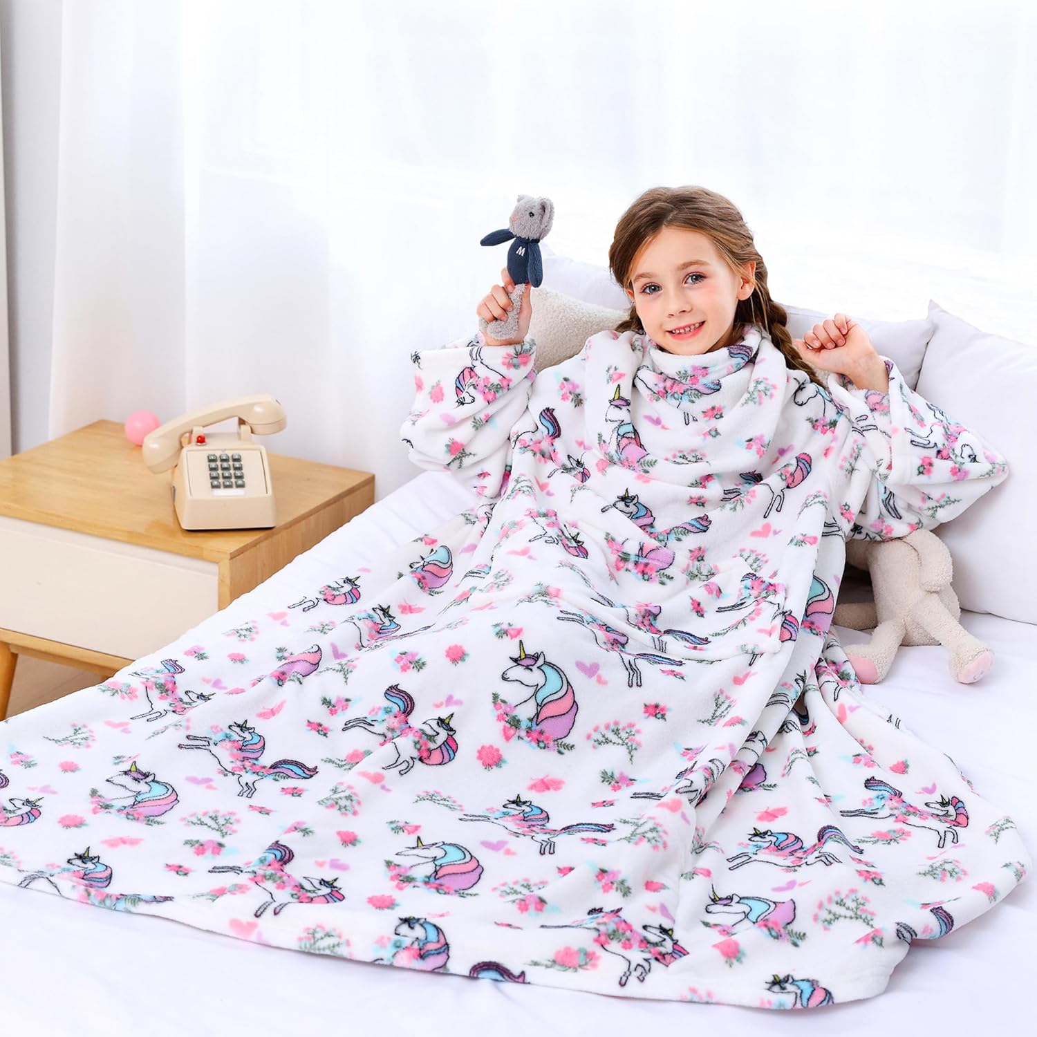 White Unicorn Kids Wearable Fleece Blanket with Sleeves & Foot Pocket