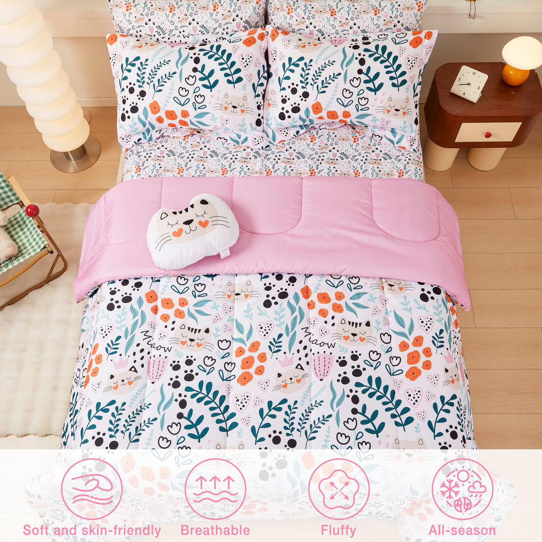 Flower and Cat Comforter Sets for Kids– 6 or 8 Piece Options