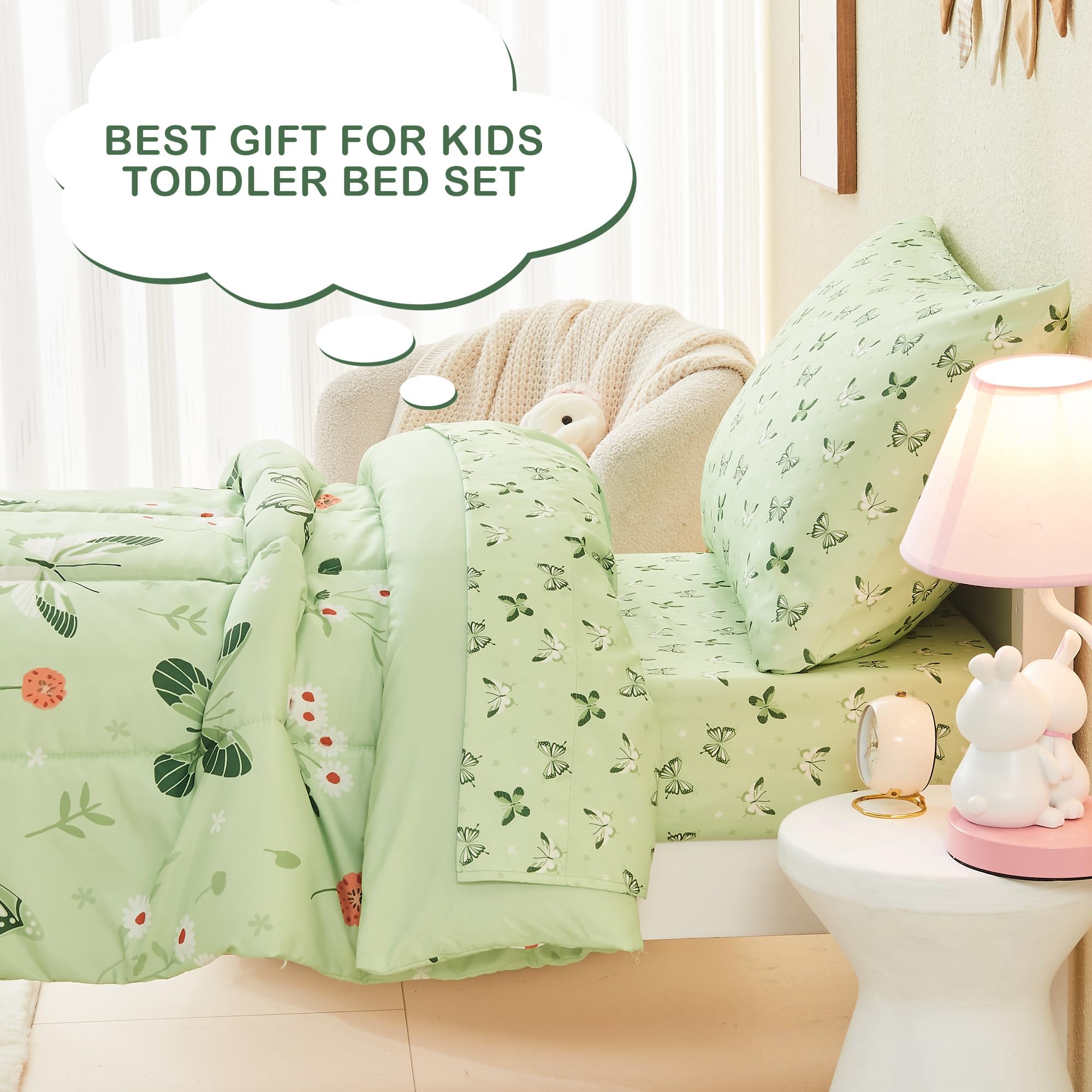 Sage Green Butterfly Toddler Comforter Set– 4 Piece
