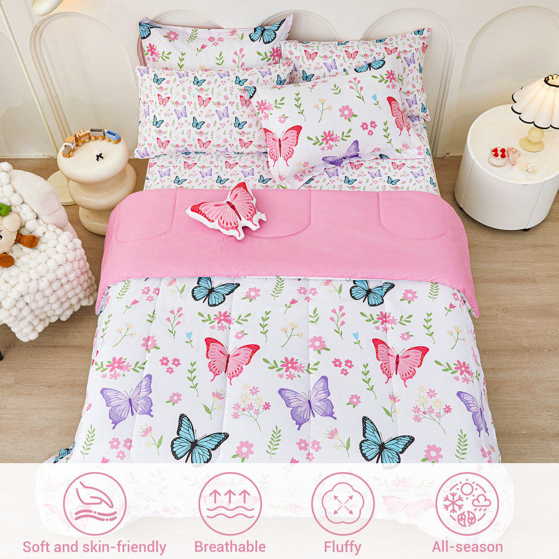Flower Butterfly Comforter Sets for Kids– 6 or 8 Piece Options