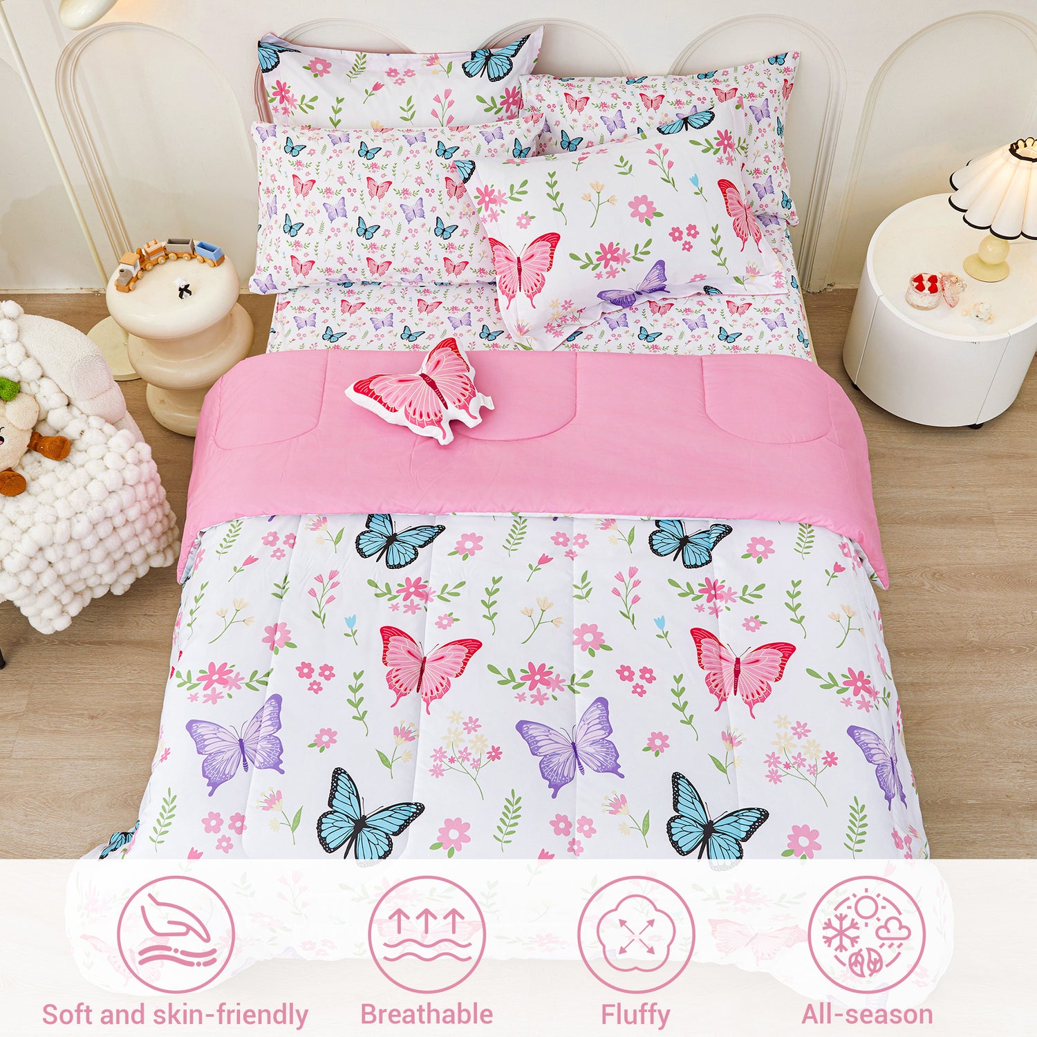 Flower Butterfly 6/8 Pcs Comforter Sets for Girls Kids