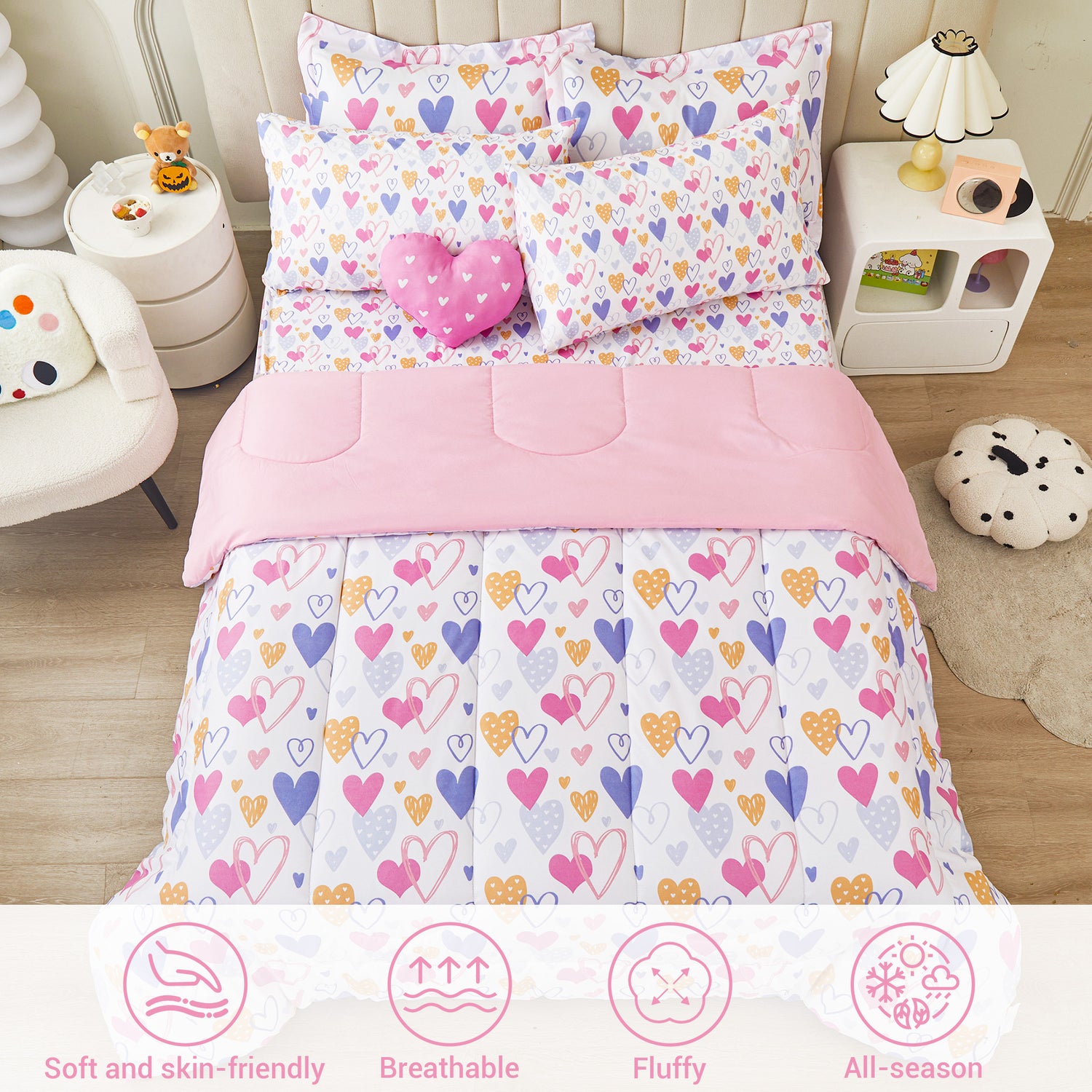 Pink Heart 6/8 Pcs Comforter Sets for Girls Kids
