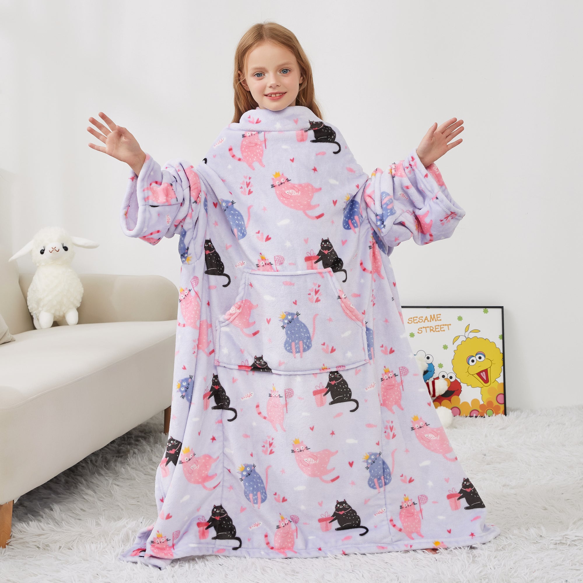 Cat Wearable Fleece Blanket with Sleeves & Foot Pocket for Kids