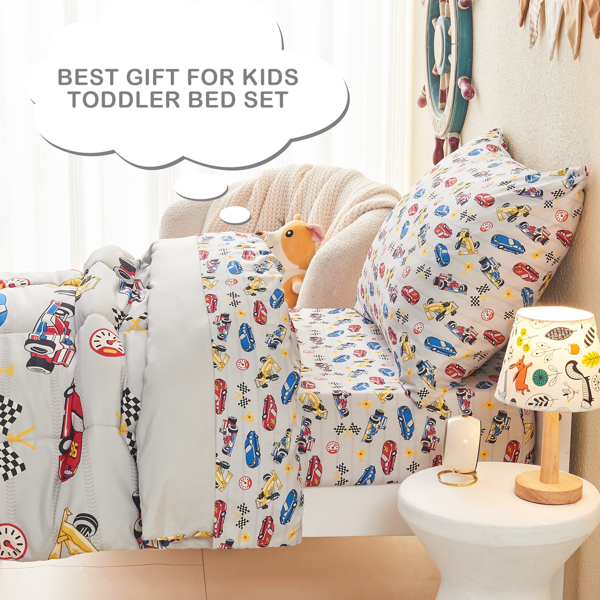 Race Cars Toddler Comforter Set– 4 Piece
