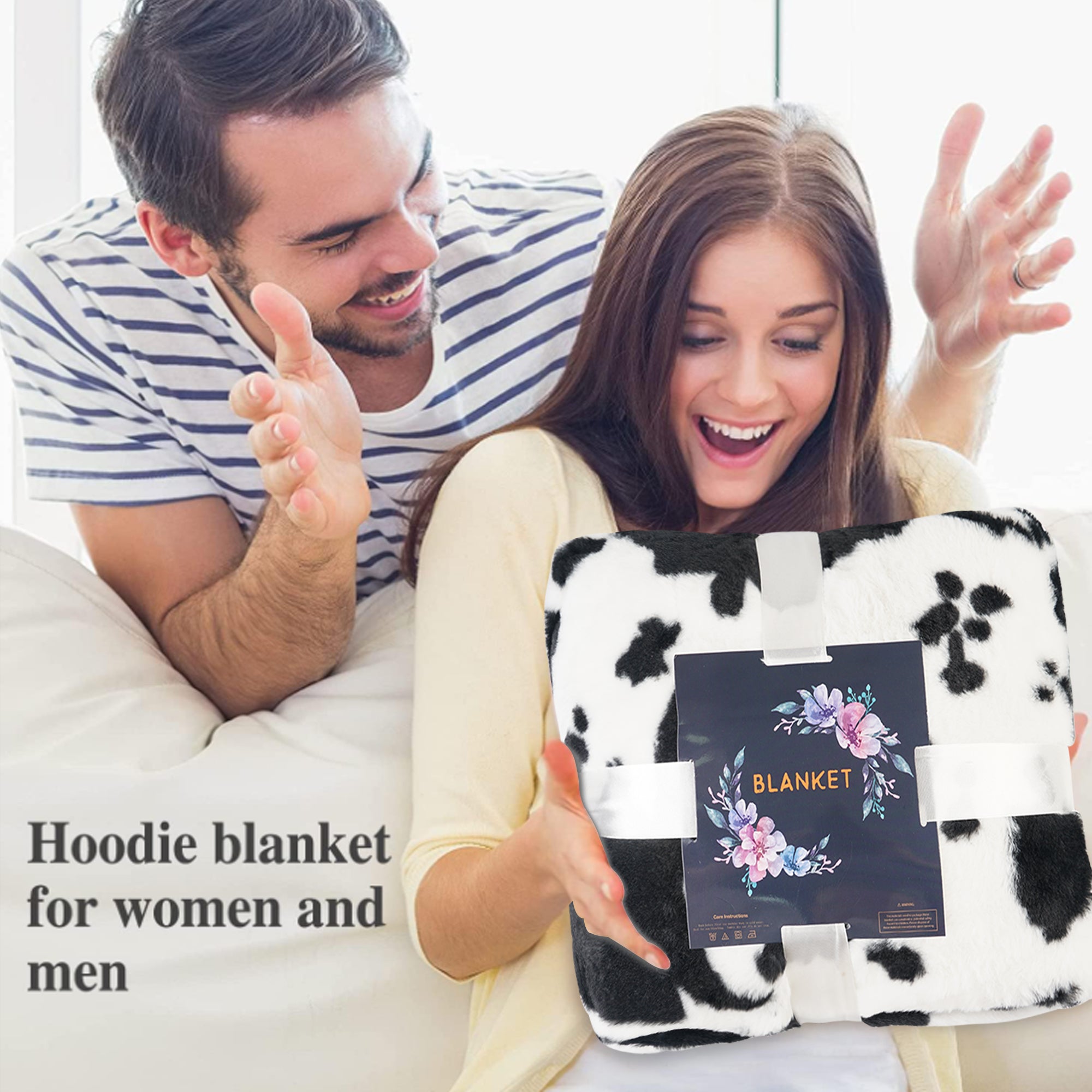 Black Cow Print Blanket Hoodie Oversized Super Soft Warm Giant Pullover with Large Front Pocket,Gifts for Women Men Teenagers