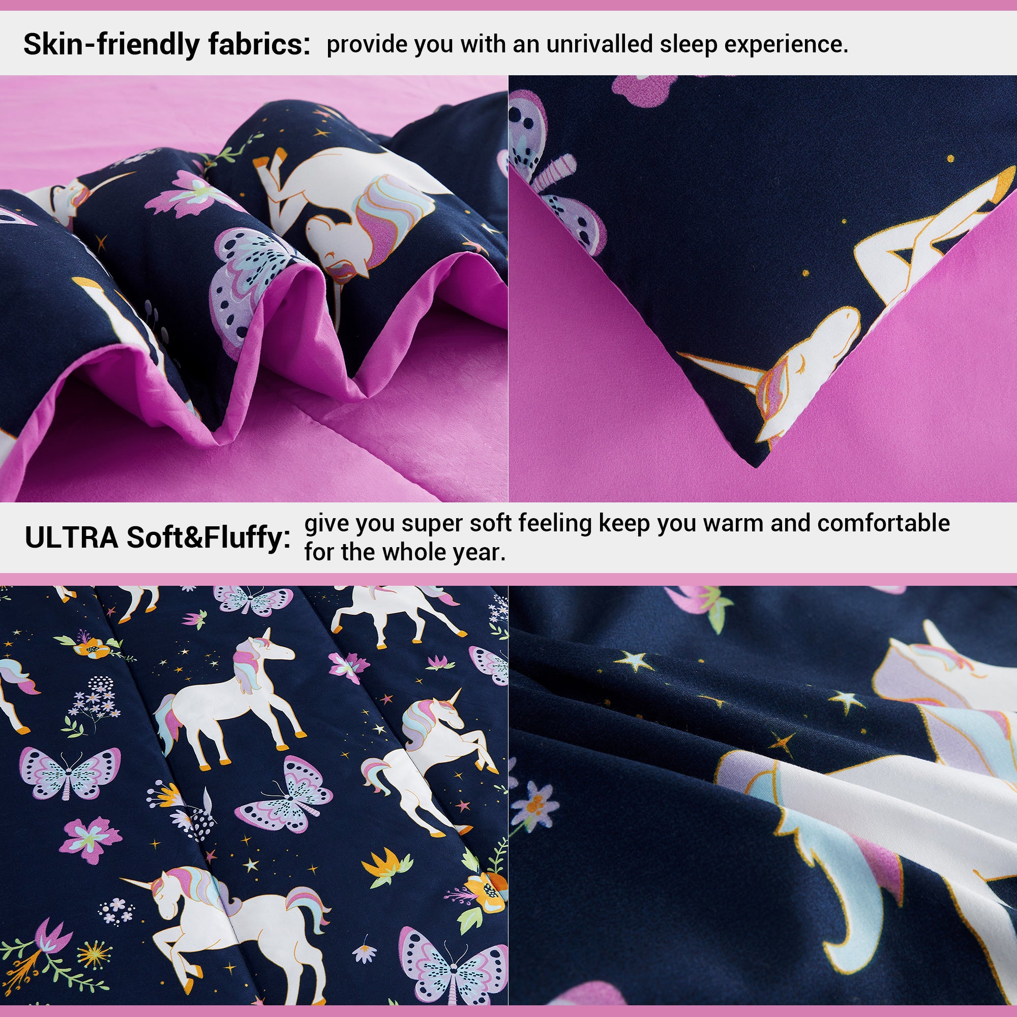 Purple Pink Unicorn Kids Comforter Sets– 6 or 8 Piece Options
