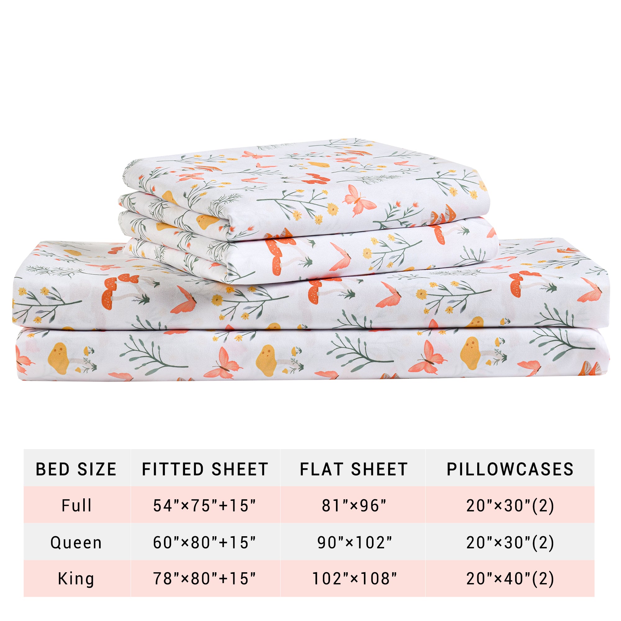 4 Piece Mushroom Vintage Butterfly Flower Patterned Bed Sheets Set