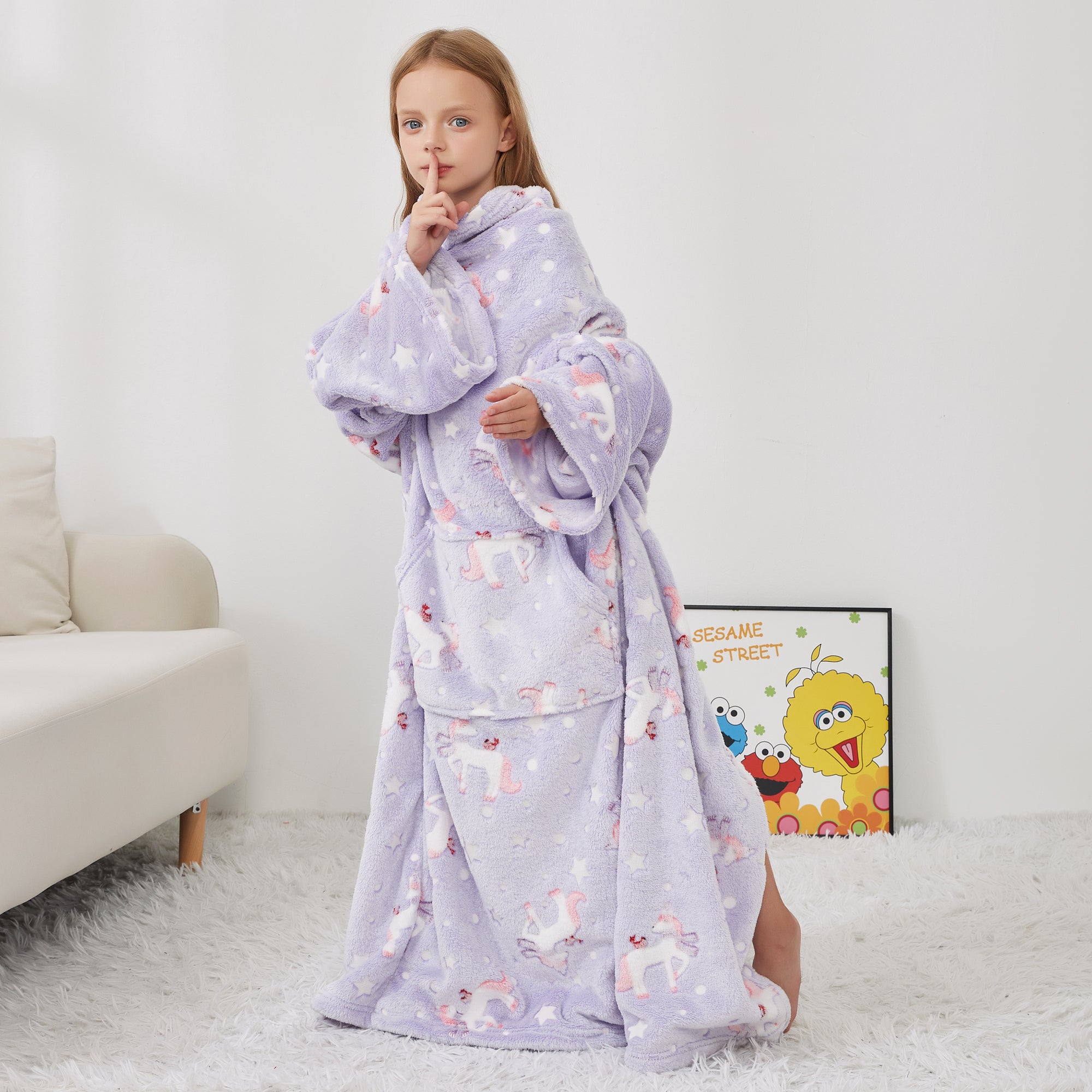 Glowing Unicorn Wearable Fleece Blanket with Sleeves & Foot Pocket for Kids