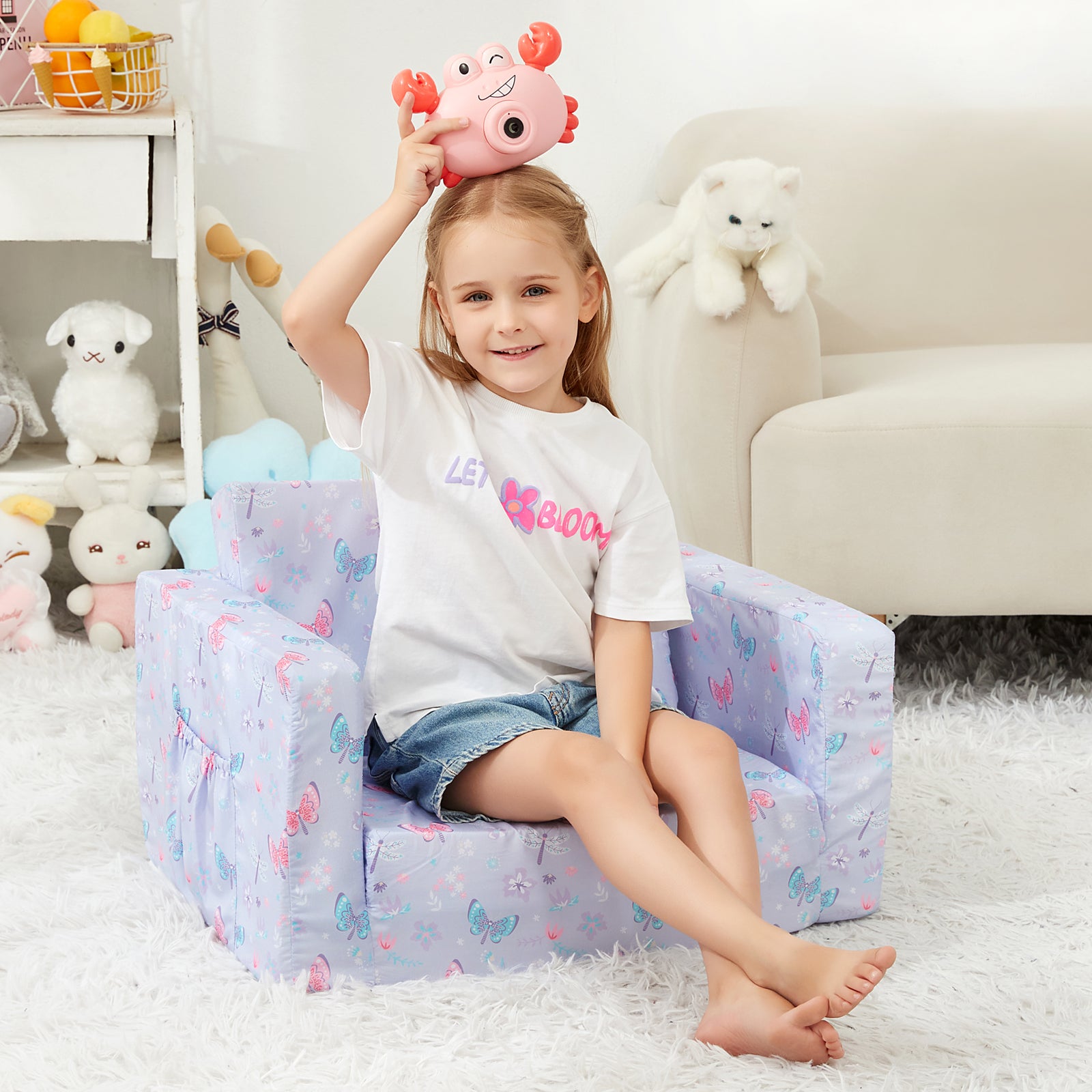 Purple Butterfly 2-in-1 Soft Toddler Couch Fold Out