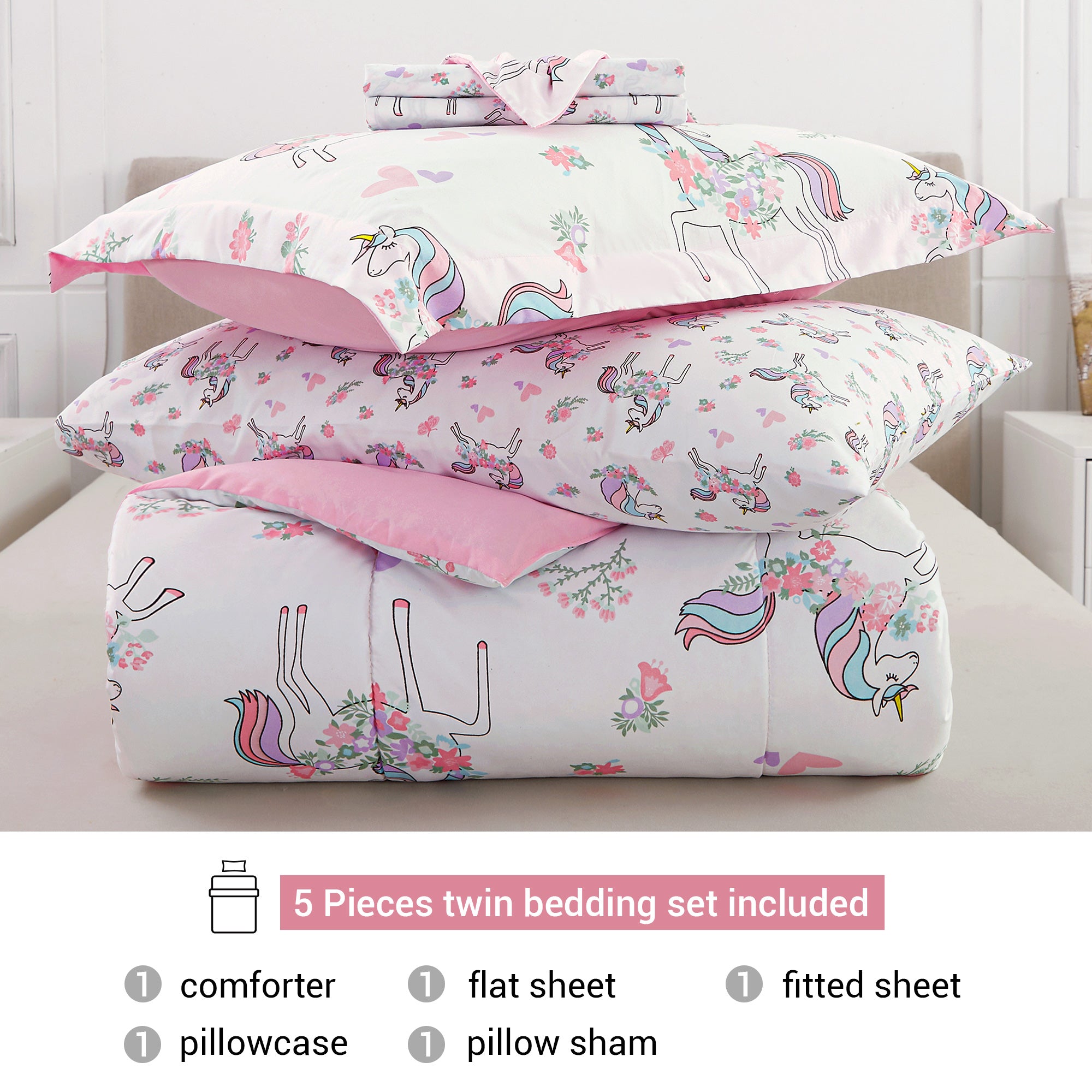 Dreamy Unicorn Floral Bedding Set for Kids– 5 or 7 Piece Options