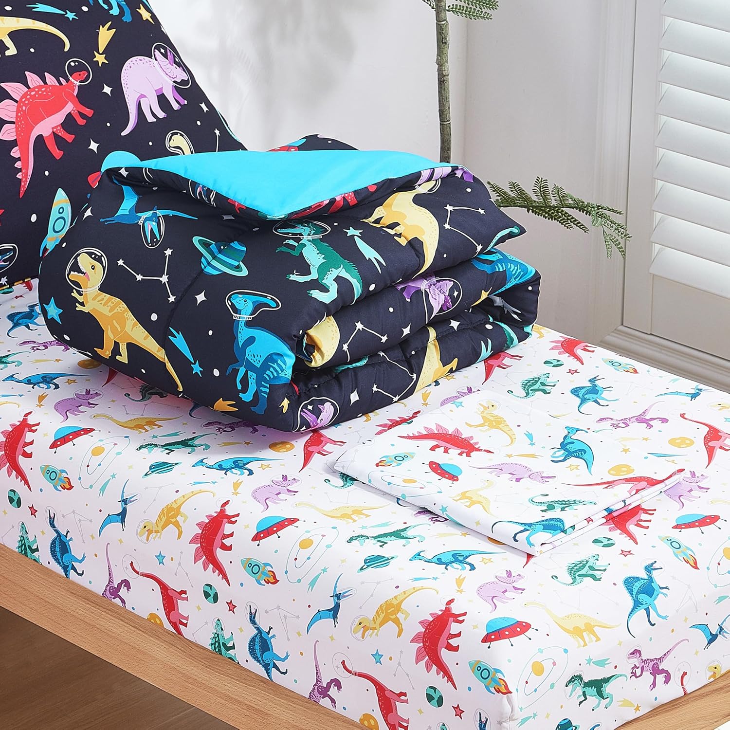 Space Dinosaur Printed Toddler Comforter Set– 4 Piece