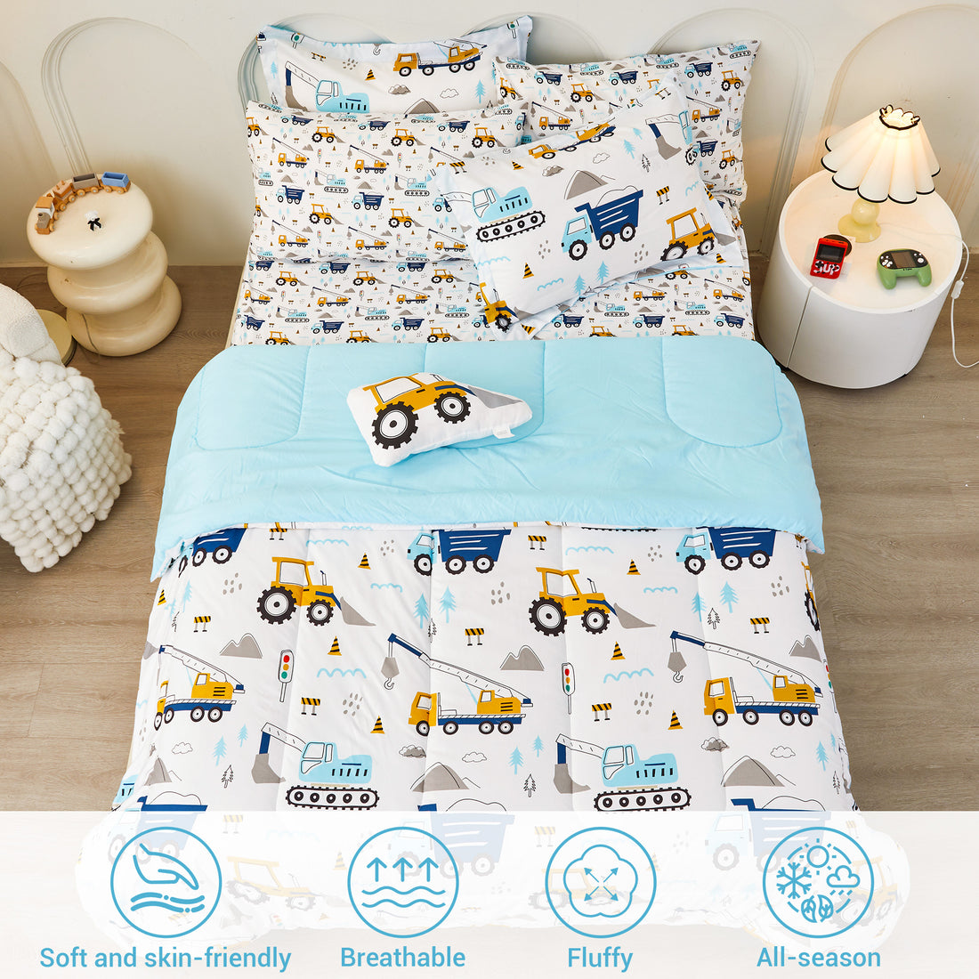 Construction Truck Bedding Set for Kids– 6 or 8 Piece Options