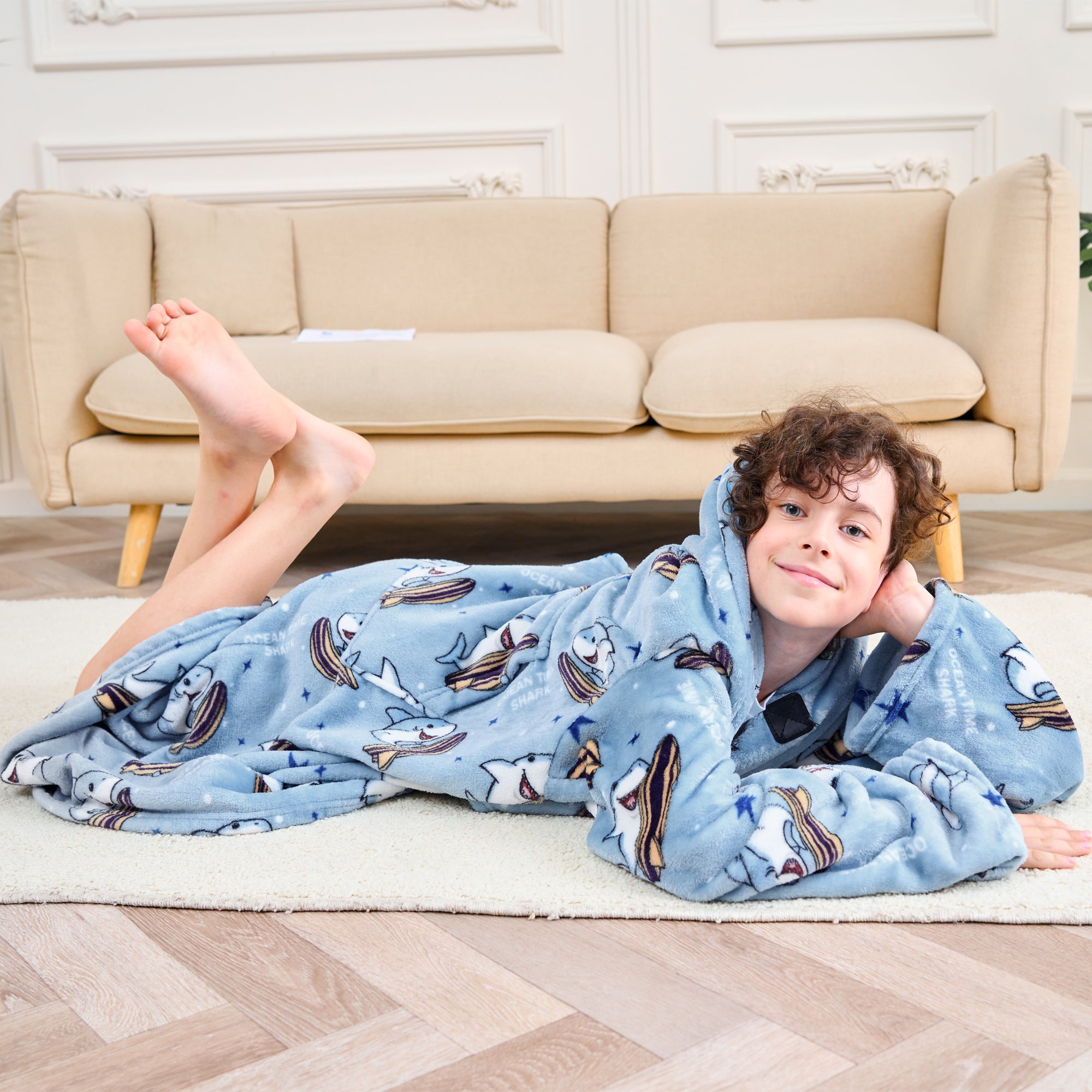 Shark Wearable Fleece Blanket with Sleeves & Foot Pocket for Kids