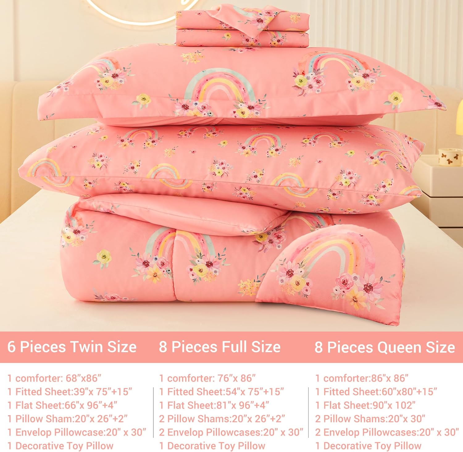 Rainbow Flower 6/8 Pcs Comforter Sets for Girls Kids