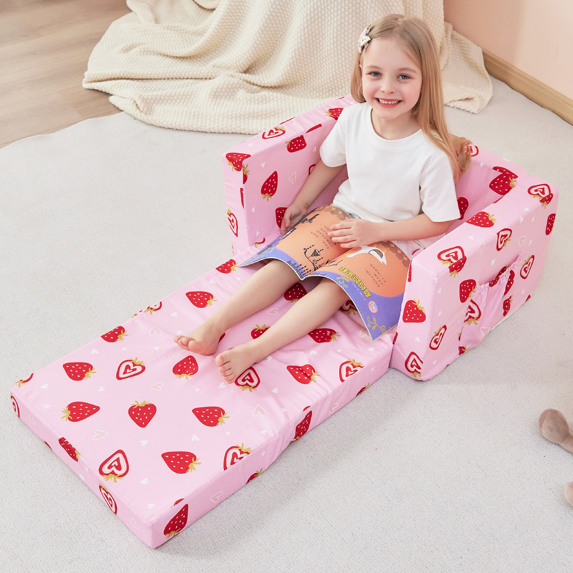Pink Strawberry 2-in-1 Kids Sofa for Toddler Convertible Sofa to Lounger Bed