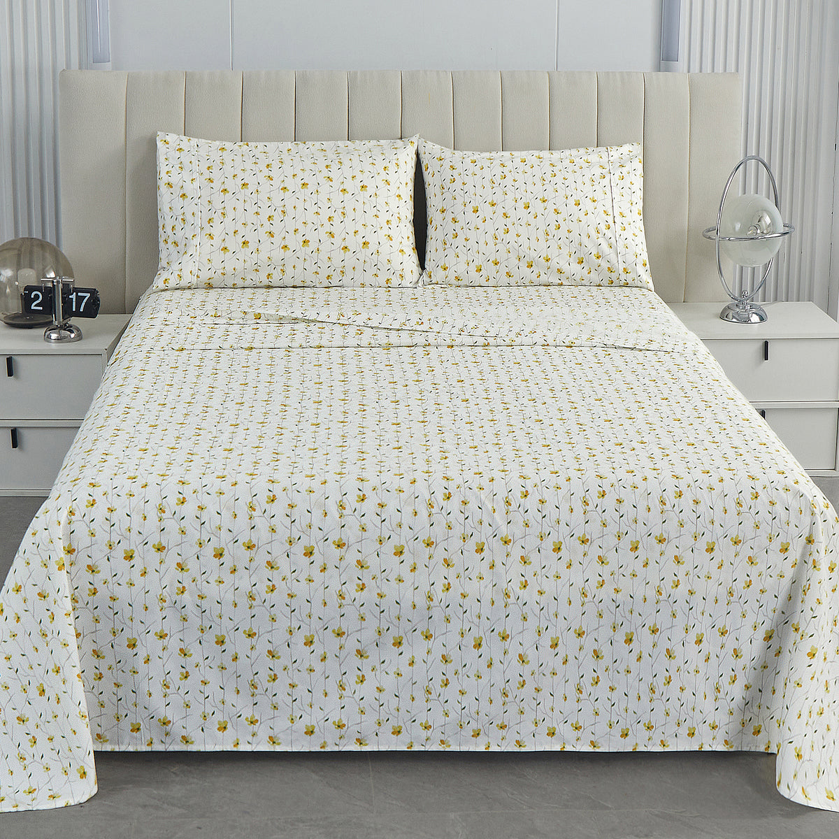 Cream Yellow Wildflower Bed Sheet Set Deep Pocket Double Brushed Microfiber