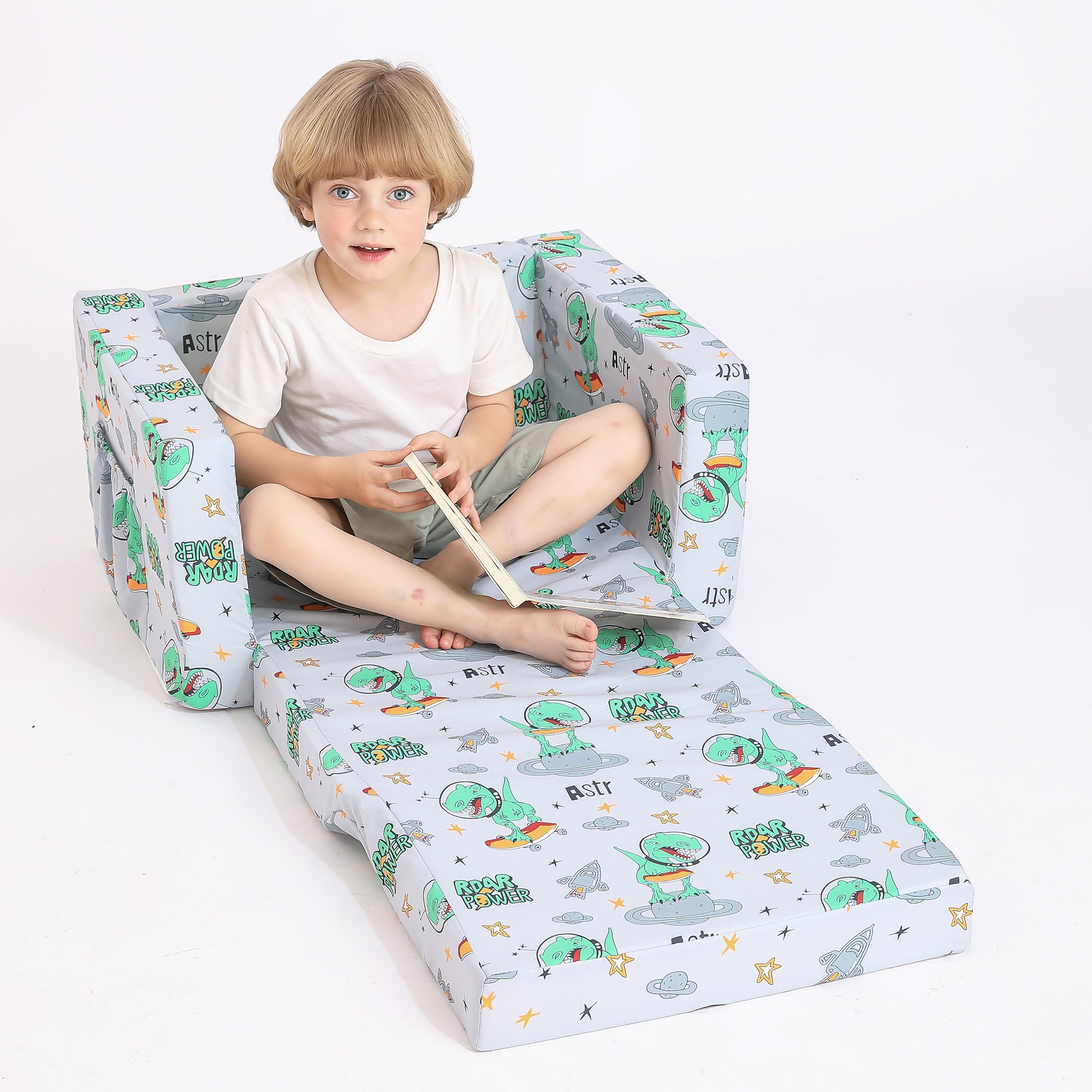 Gray Dinosaur 2-in-1 Kids Sofa for Toddler Convertible Sofa to Lounger